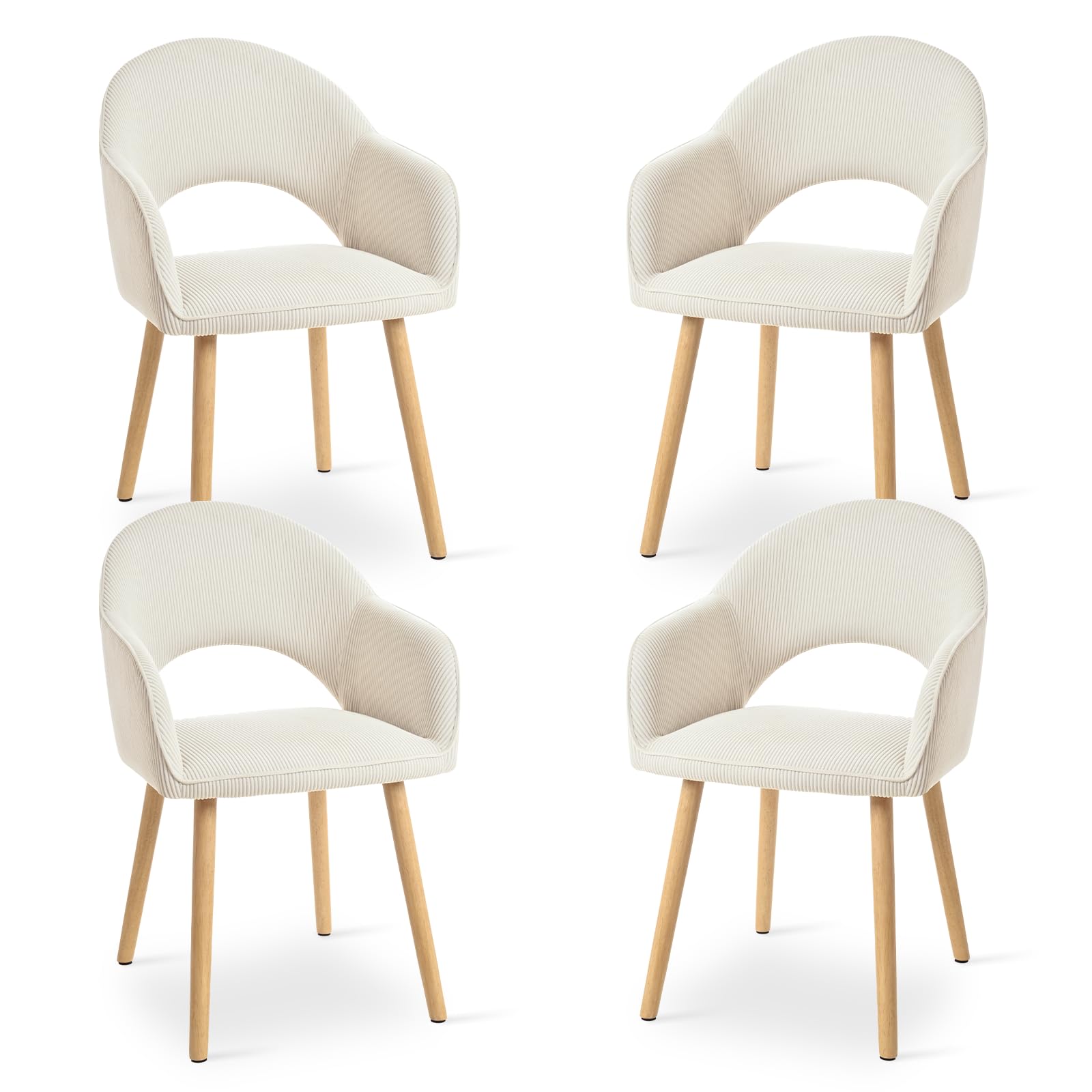 Goeurvant Dining Chairs Set of 4, Upholstered Chairs with Armrests& Wooden Legs, Corduroy Dining Armchairs, Ergonomic Kitchen Chair, Living Room Chair for Dining Room and Kitchen, Cord-Beige