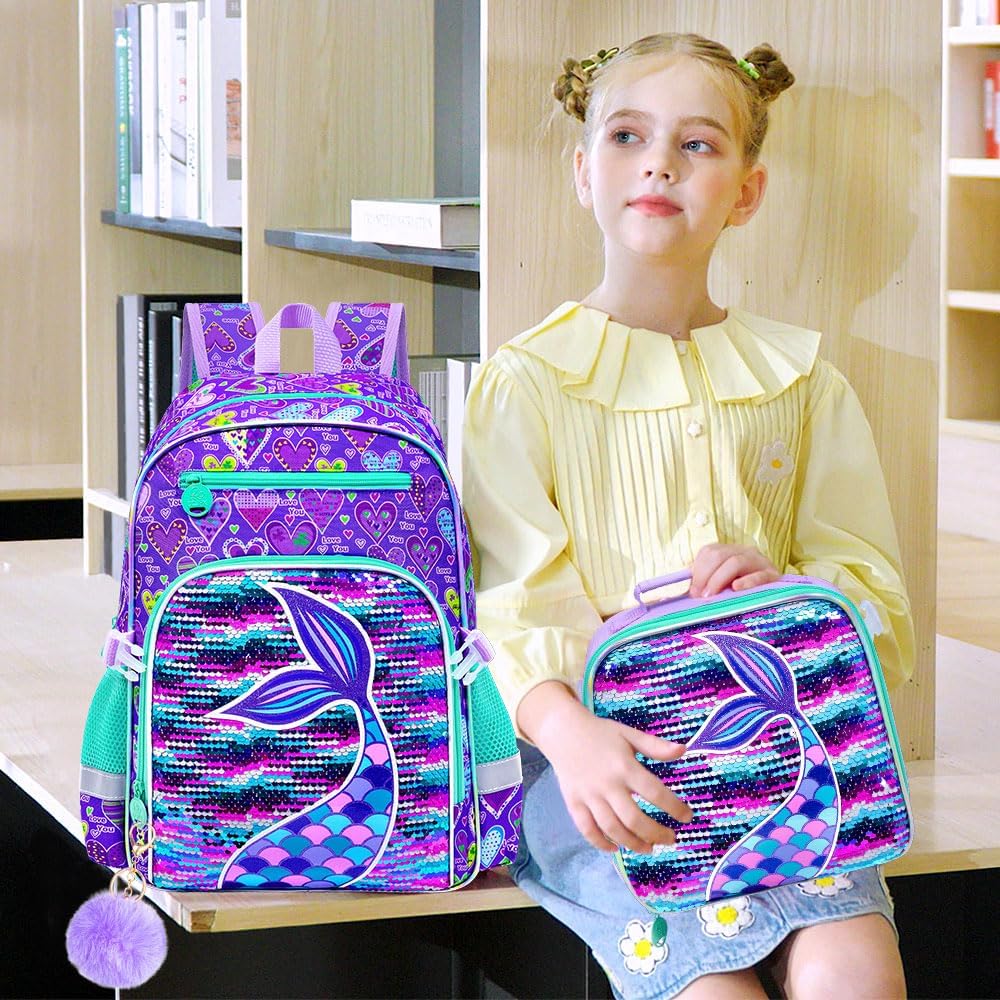 AGSDON 3PCS Mermaid Backpack for Girls, 16" Kids Bookbags Lightweight with Attachable Lunch Box, School Backpack for Kindergarten Elementary