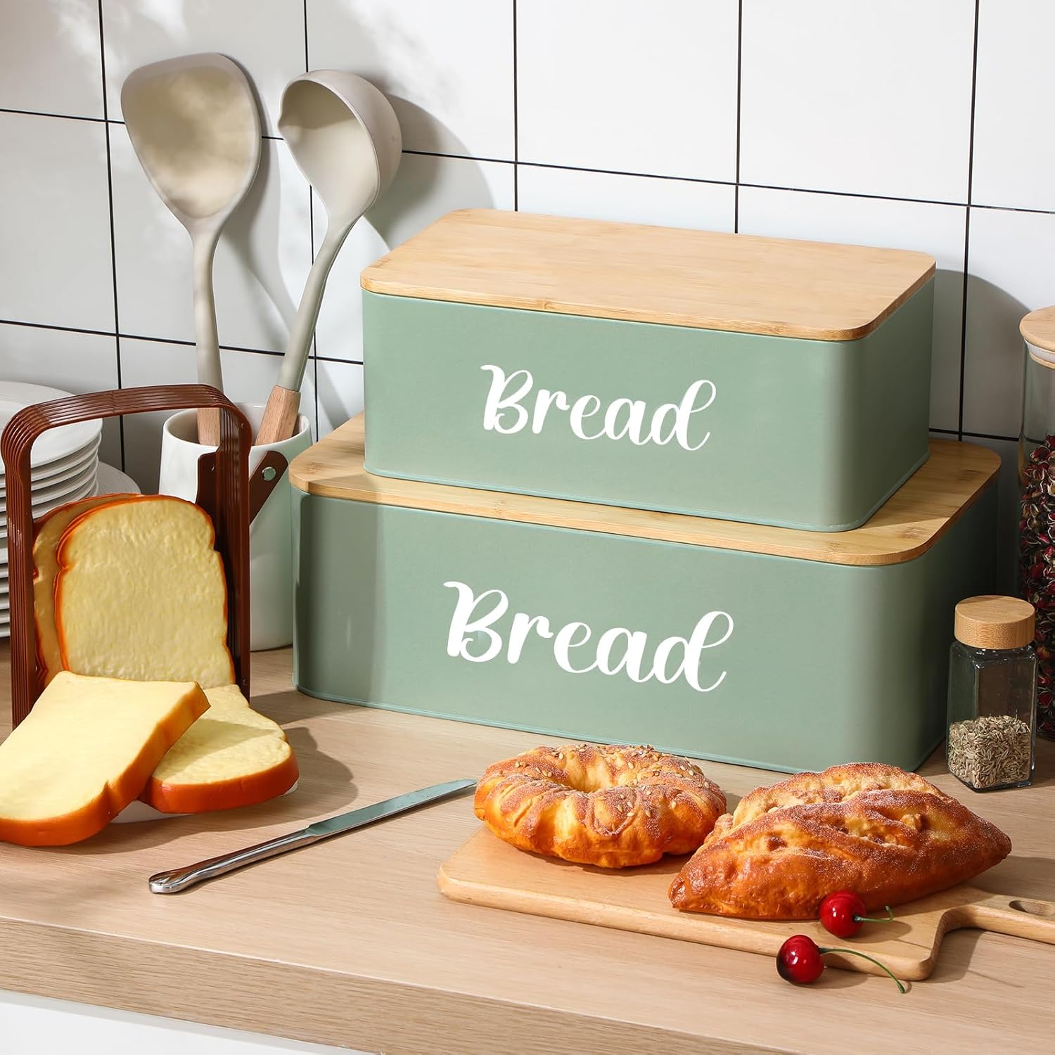 2 Pcs Extra Large Bread Box with Slicer, Metal Farmhouse Bread Storage Container with Bamboo Cutting Board Lids Multi-size Breadbox Set for Kitchen Countertop (Sage Green)