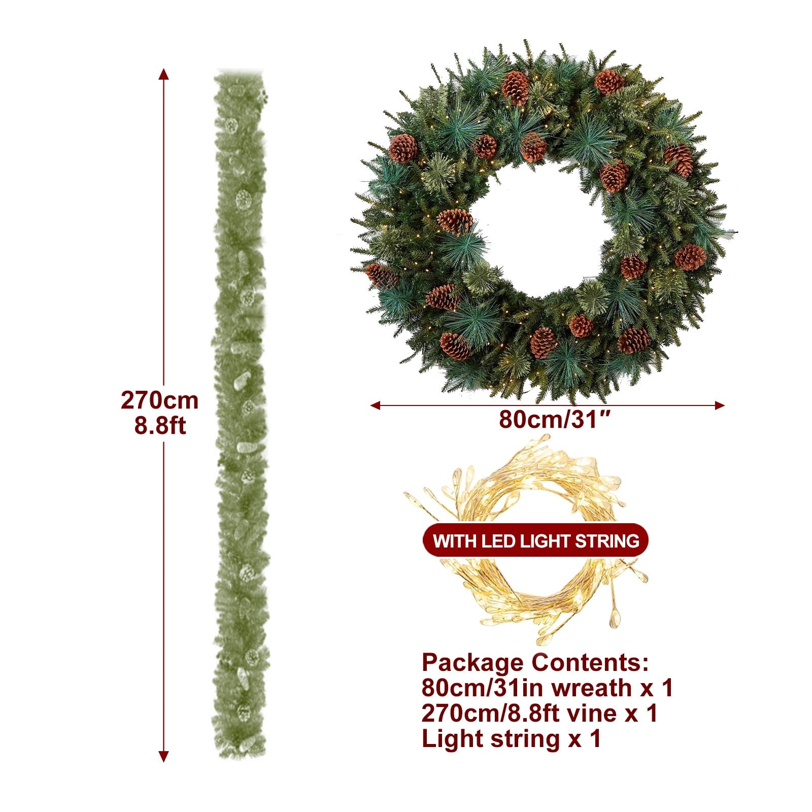 Juego de 2 Adornos Navidad, Christmas Garland con piñas y luz, Guirnalda Navidad, para Porche, Puerta de Entrada, Interior y Exterior.(80cm/31in)