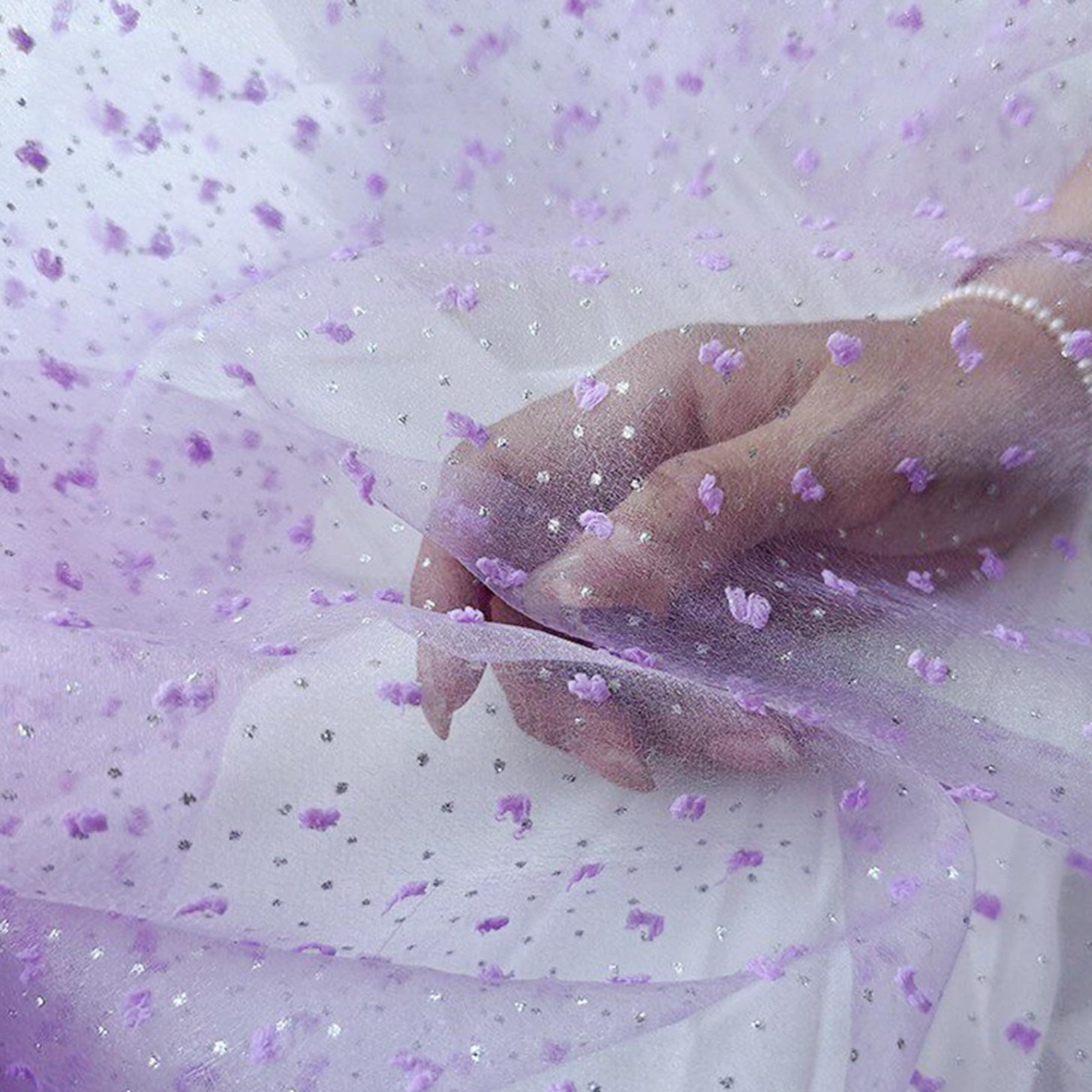 Dxcaicc Tulle Mesh Fabric Fine Velvety Texture Polka Dots Pattern Silver Glitter 150X100cm Summer Romantic Soft Gauze Cloth Ideal for Clothing,Purple