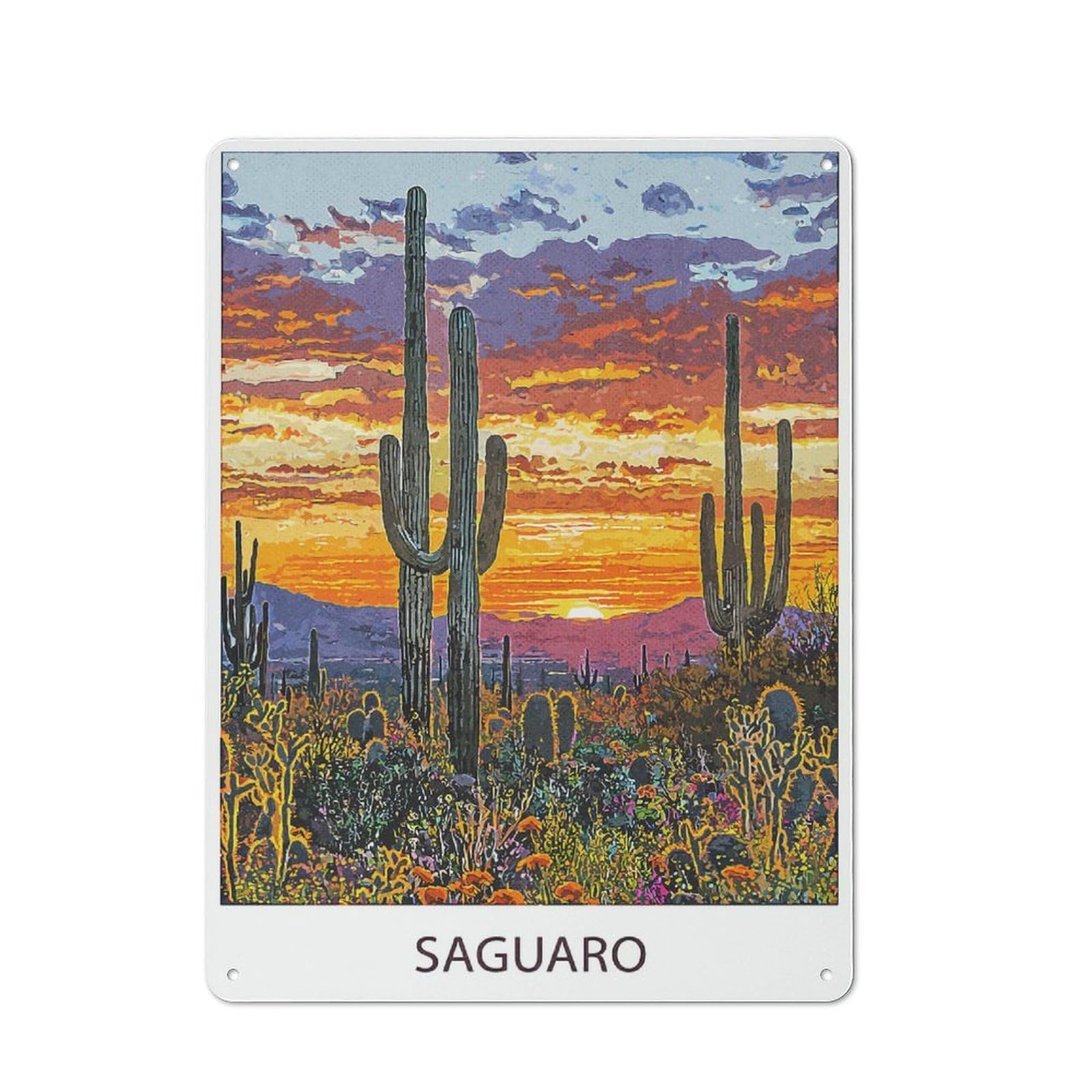 Junmoney Style-19 Saguaro Sunset Retro Metal Wall Decor 40X30cm, Decorative Tin Plaque For Bar, Kitchen, Garage Or Games Room