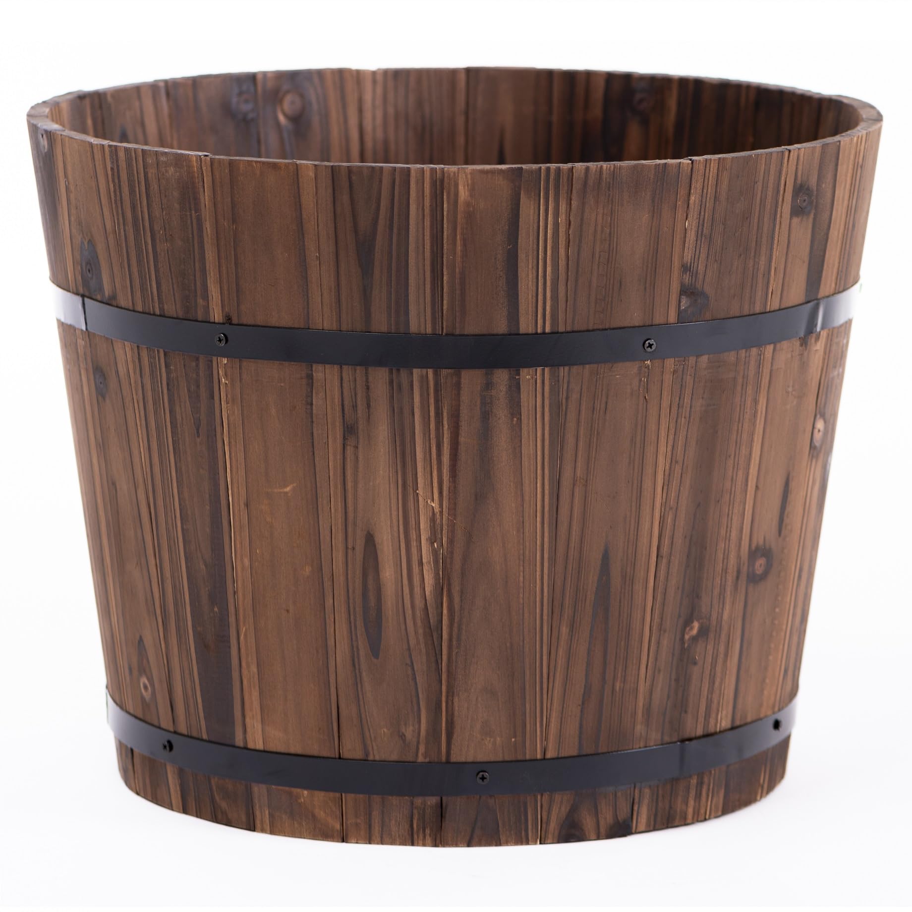 Garden Gear Rustic Wooden Barrel Planter Burnt Fir Wood Oak Style Design Metal Bands Handles Outdoor Garden Pot (Large D42xH32cm)