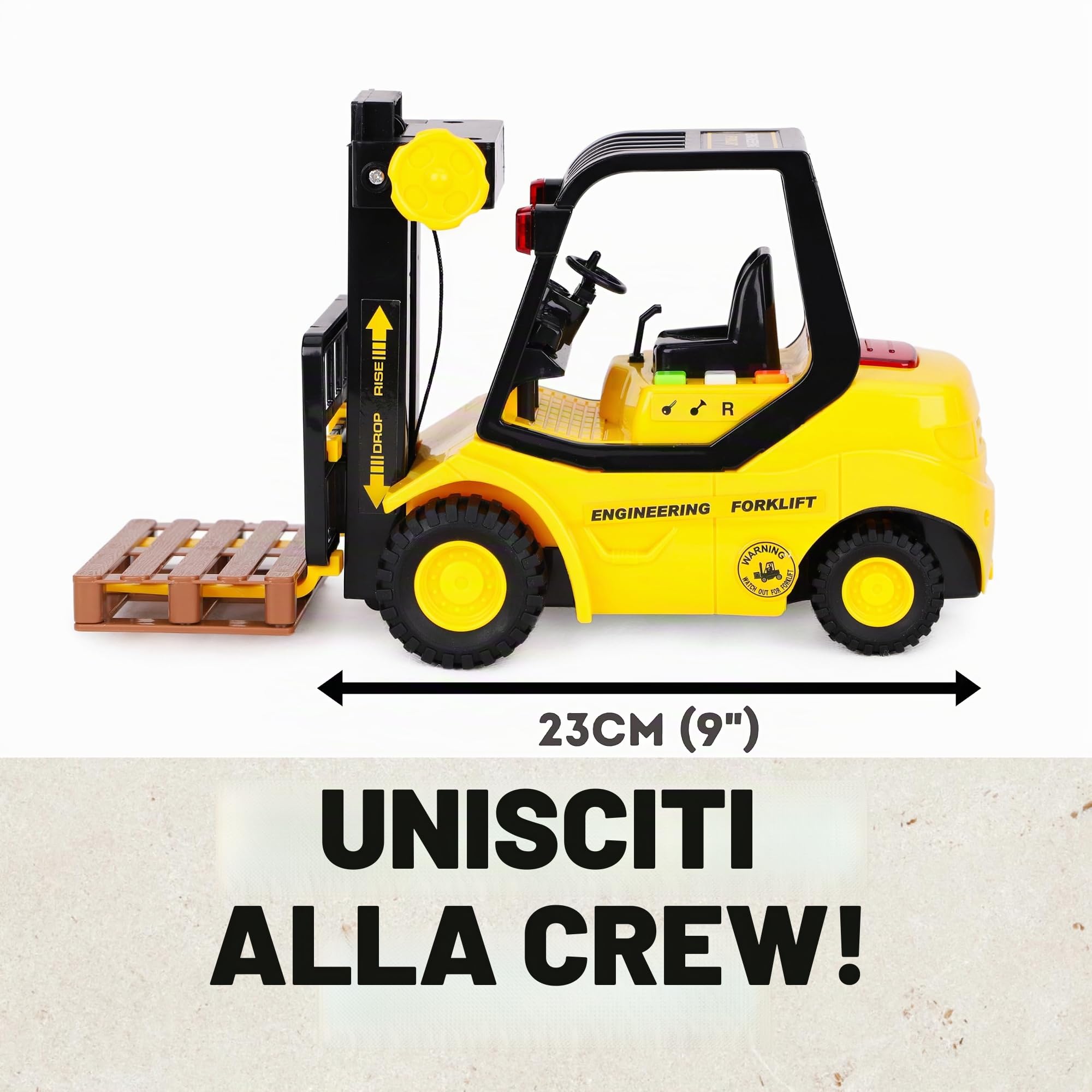Toyland® 23 cm (9") Transpallet con carrello elevatore a frizione - Scala (1:16) - Giocattolo da costruzione per ragazzi con luci e suoni - Dai 3 anni in su