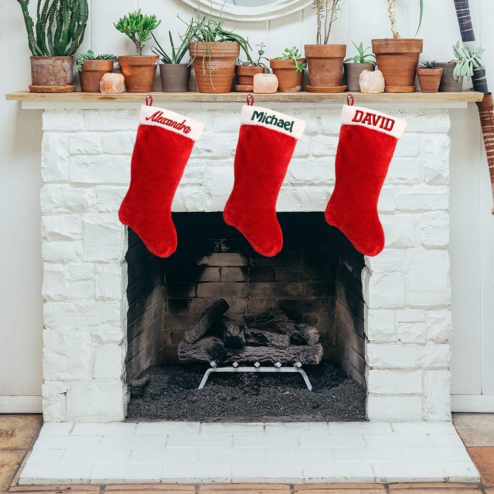 Fastasticdeals Custom Personalized Embroidery 16.5"x8" Red Plush Christmas Stocking Xmas Stocking White Cuff - Set of 2
