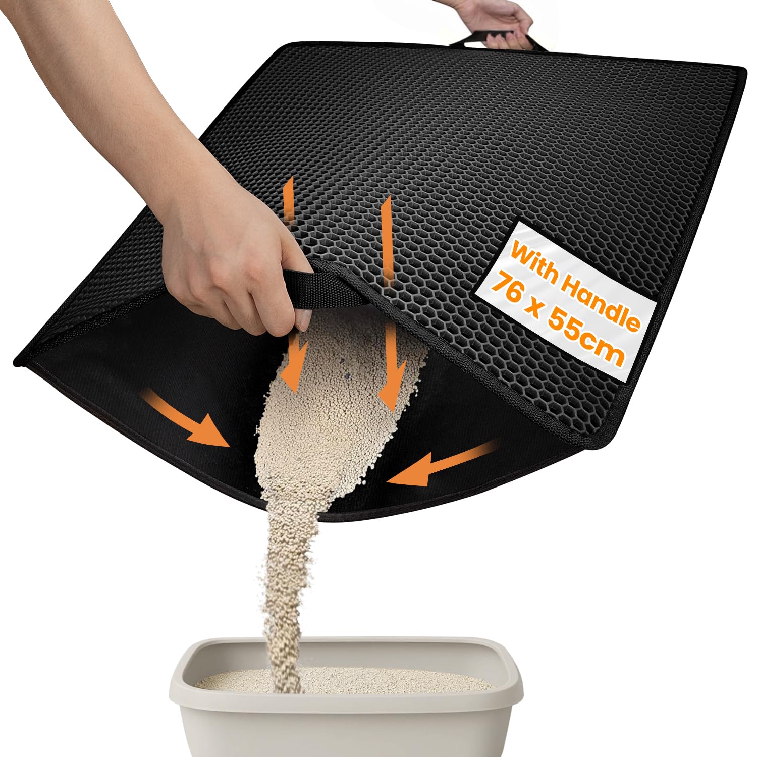 Conlun Tappetino per Lettiera con Manici, XXL 76x55 cm Assorbe Pipì & Blocca Granuli - Doppio Strato a Nido d'Ape, Antiscivolo, Pulizia Rapida (Nero)