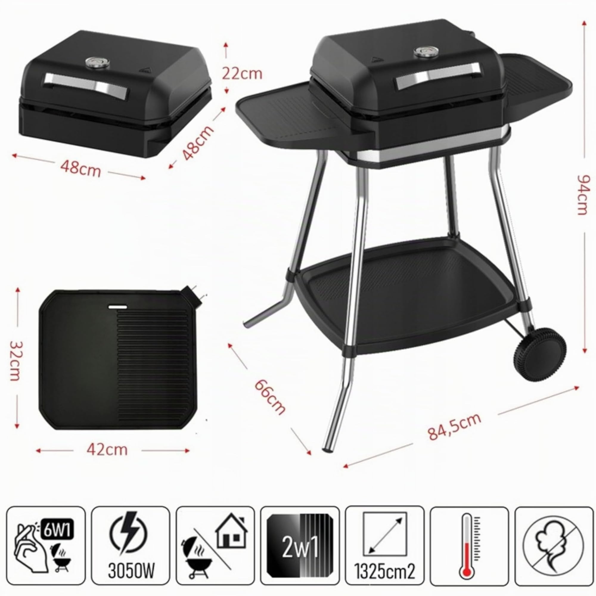 Barbecue elettrico 2 in 1 da tavolo, 3050 W, per balcone, esterno, con supporto, ampio vano per barbecue, regolatore di temperatura senza livelli, barbecue elettrico