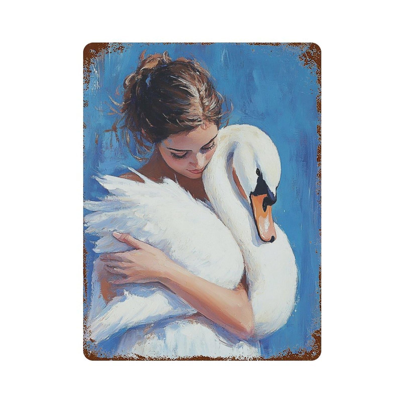 Woman Hugging Swan Painting Aged Metal Wall Plaque 15.7"x11.8", Classic Wall Plaque for Garage, Pub Or Kitchen