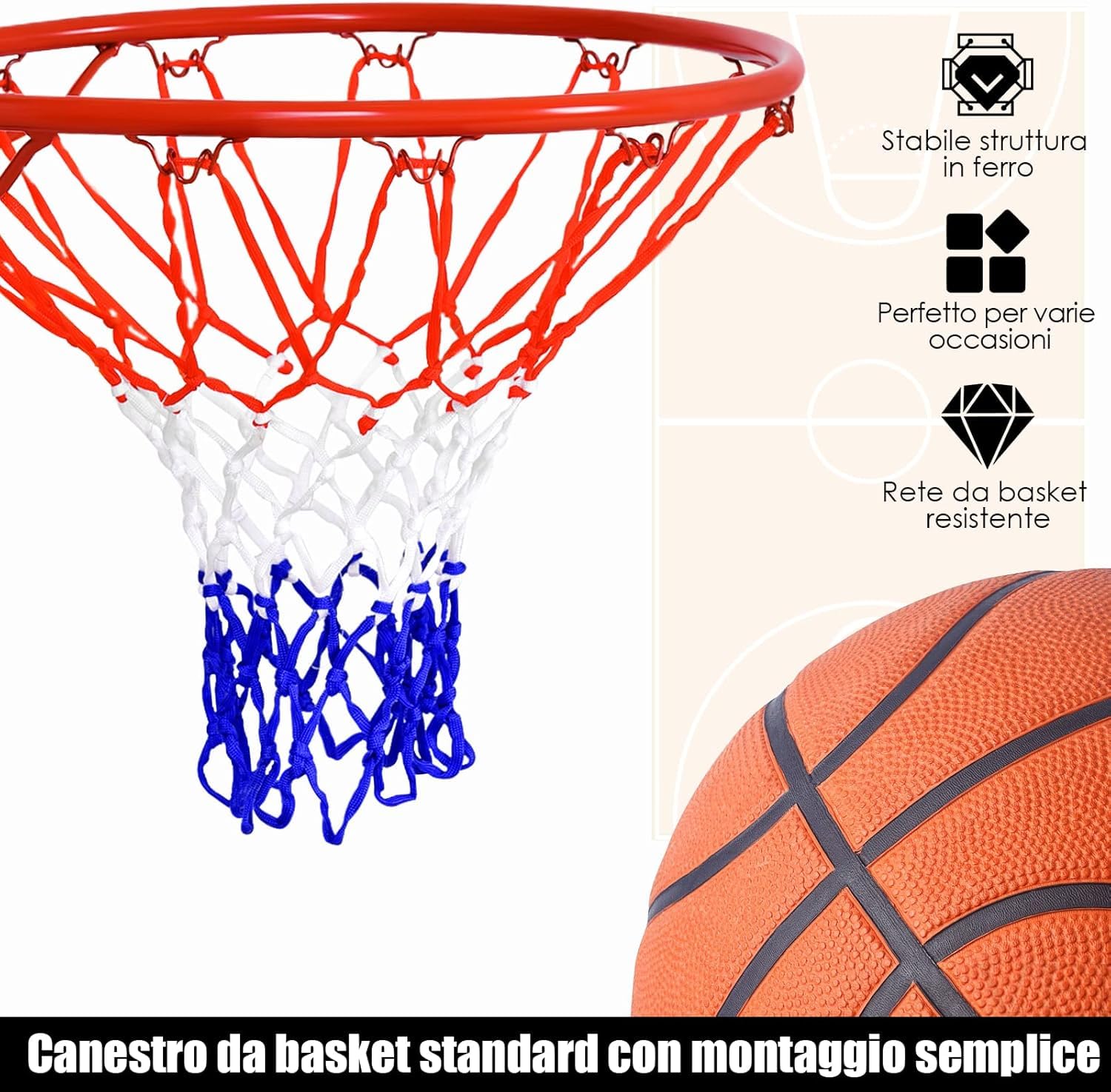 GYMAX Anello Canestro da Basket, in Ferro e PE, Rete di Pallacanestro a Muro, per Bambini e Adulti, Facile da Montare, Diametro di 46cm
