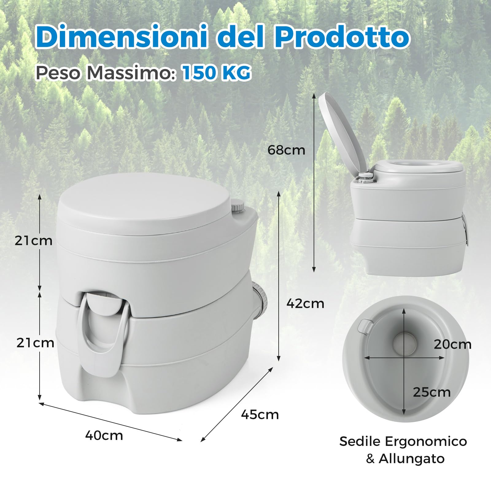 COSTWAY 20L Toilette Portatile con Serbatoio d'Acqua Rimovibile a Maniglia, WC Chimico Comodo per Campeggio, Water Portatile per Adulti e Anziani, Supporto Carico 150kg, 45 x 40 x 42 cm