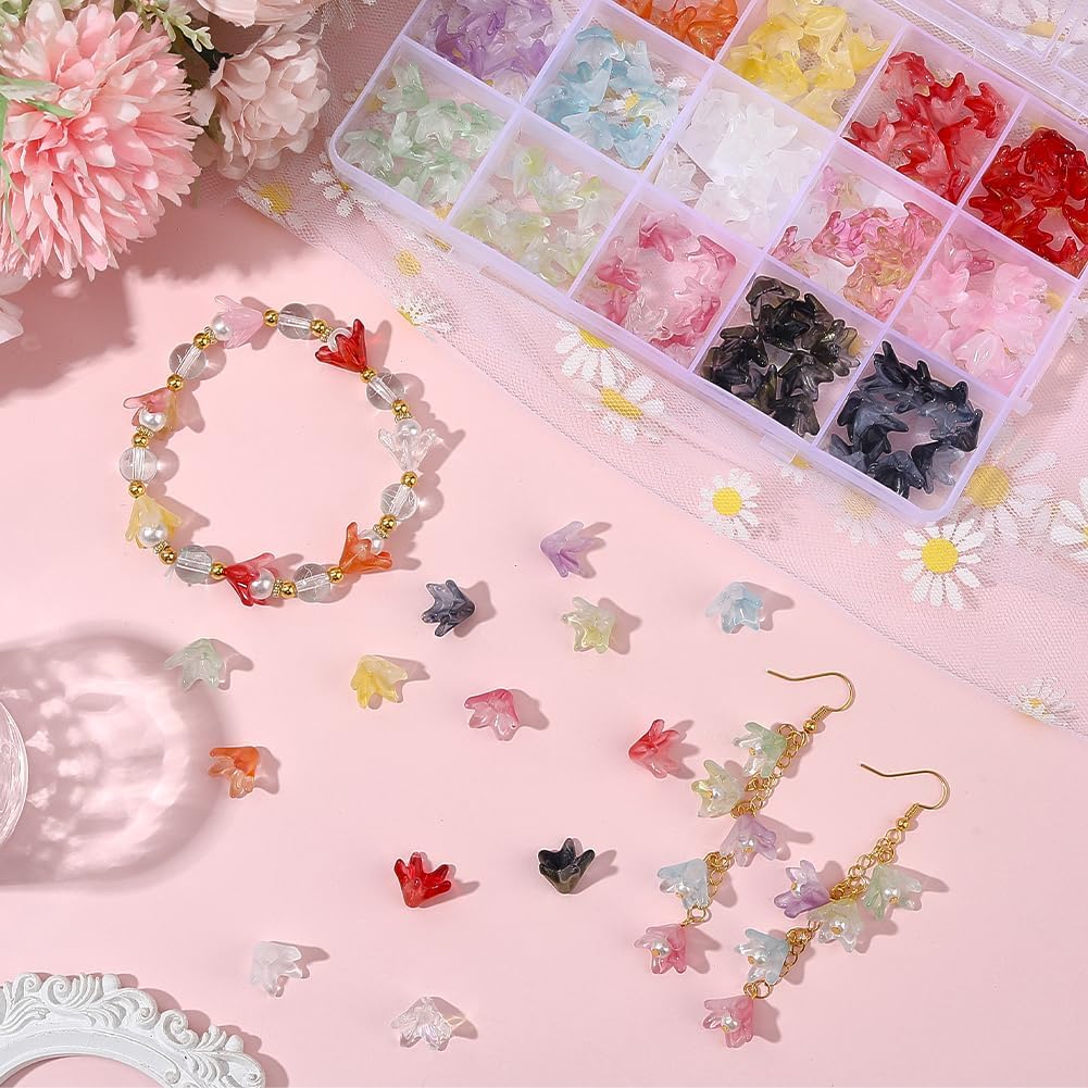 1 Box 150Pcs Flower Colorful Glass Beads Transparent Two Tone Lily Flowers Crystal Cute Lampwork Loose Spacer Bead Bulk for Jewelry Making Earrings Bracelets Necklaces DIY Crafts Supplies - Image 4