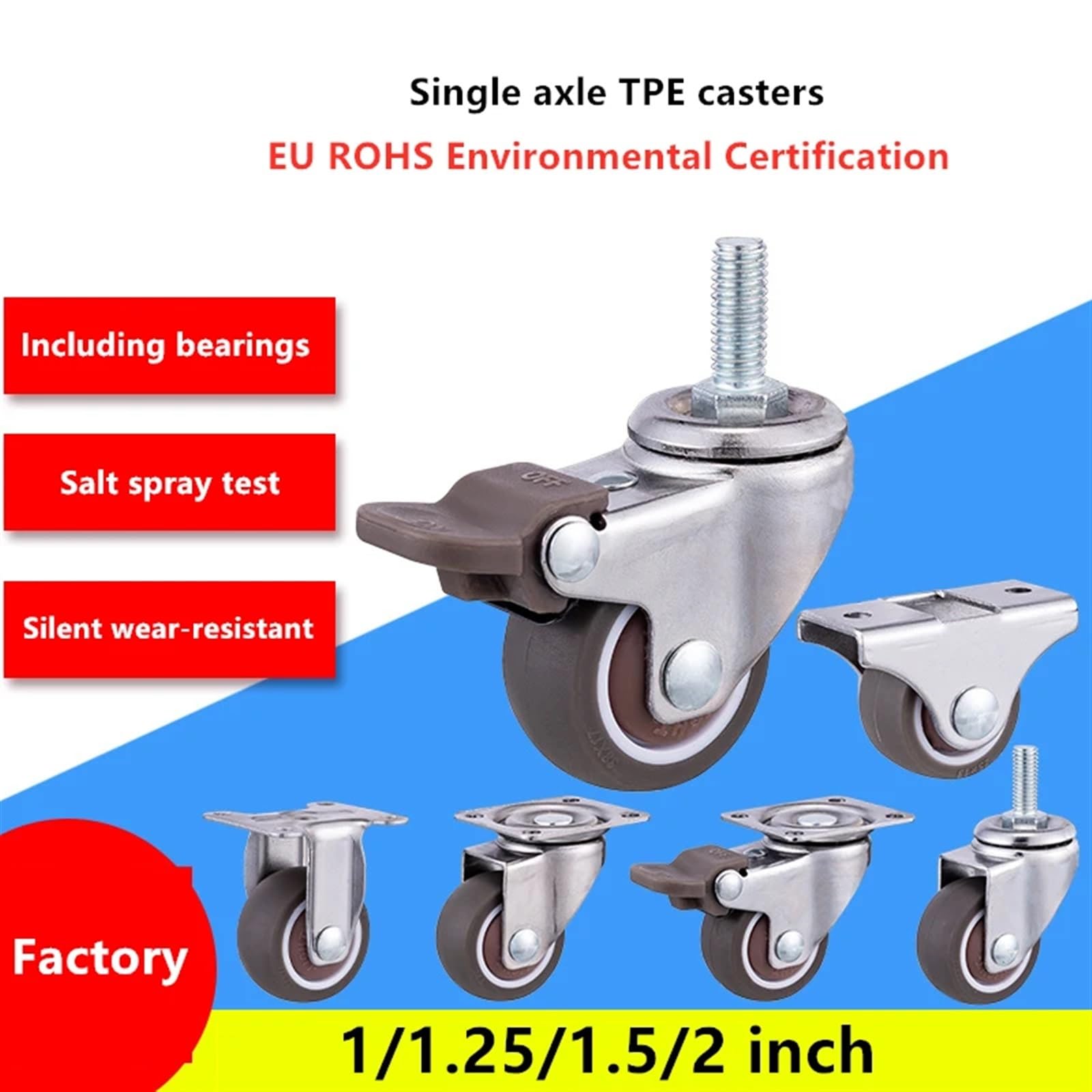 DFLPBHAV 4 Pcs/Lot Casters M6/8/10 Screw Universal Rollers with Brakes Furniture Silent Bearings Soft Rubber(M6-M8-M10 Brake,2 Inch)