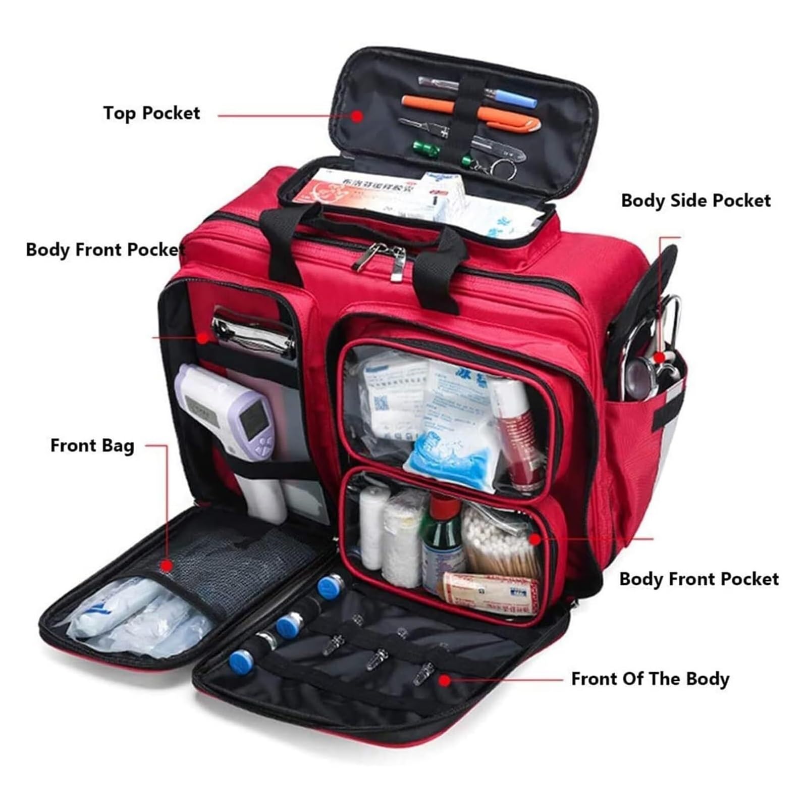 Grande Trousse de Secours Roulante - Sac Médical Robust avec Roues pour Secourisme, Camping & Maison - Mallette Imperméable Rouge Signalétique Poignée (L43xP32xH14 cm)