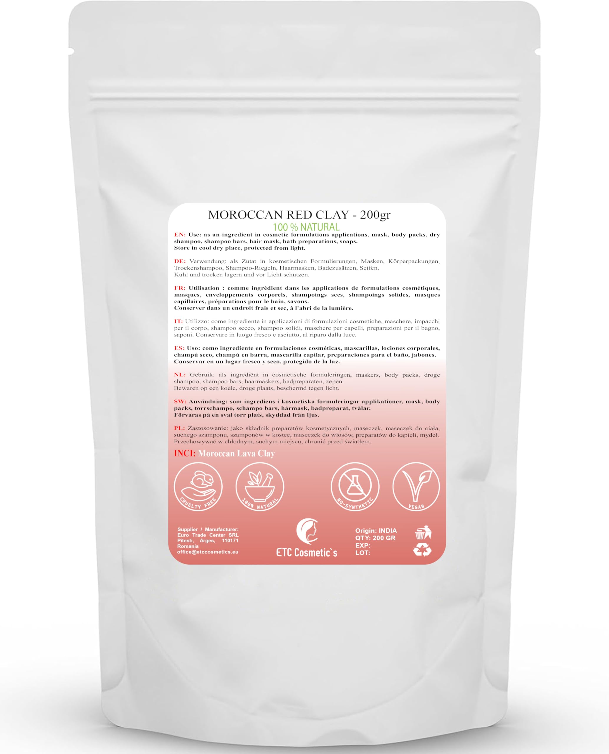 Marokkanischer roter Ton (Moroccan Red clay) – 200 g – DIY-Gesichtsmasken, Körpermasken, Haarmasken, sanfte Peelings und Scrubs, Seifenherstellung, Anti-Aging und Hautstraffung, natürlich - 2