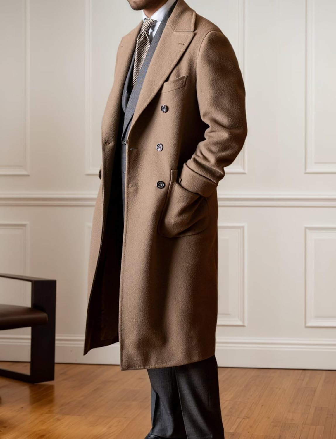 Overcoat for Men Winter Wool Blend Trench Coat Casual Double Breasted Notched Collar Long Mens Overcoat
