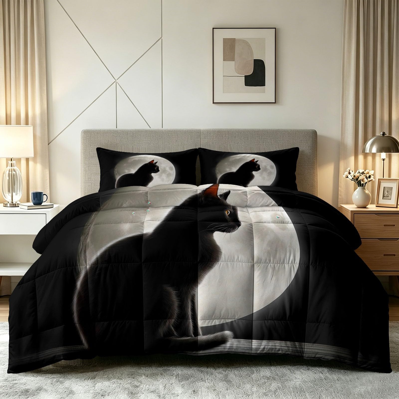 Surrealistyczny design kołdra 240 x 260 cm, noc księżycowa, wzór czarnego kota, na 4 pory roku, kołdra pikowana bez poszewki, przyjazna dla skóry i miękka kołdra całoroczna