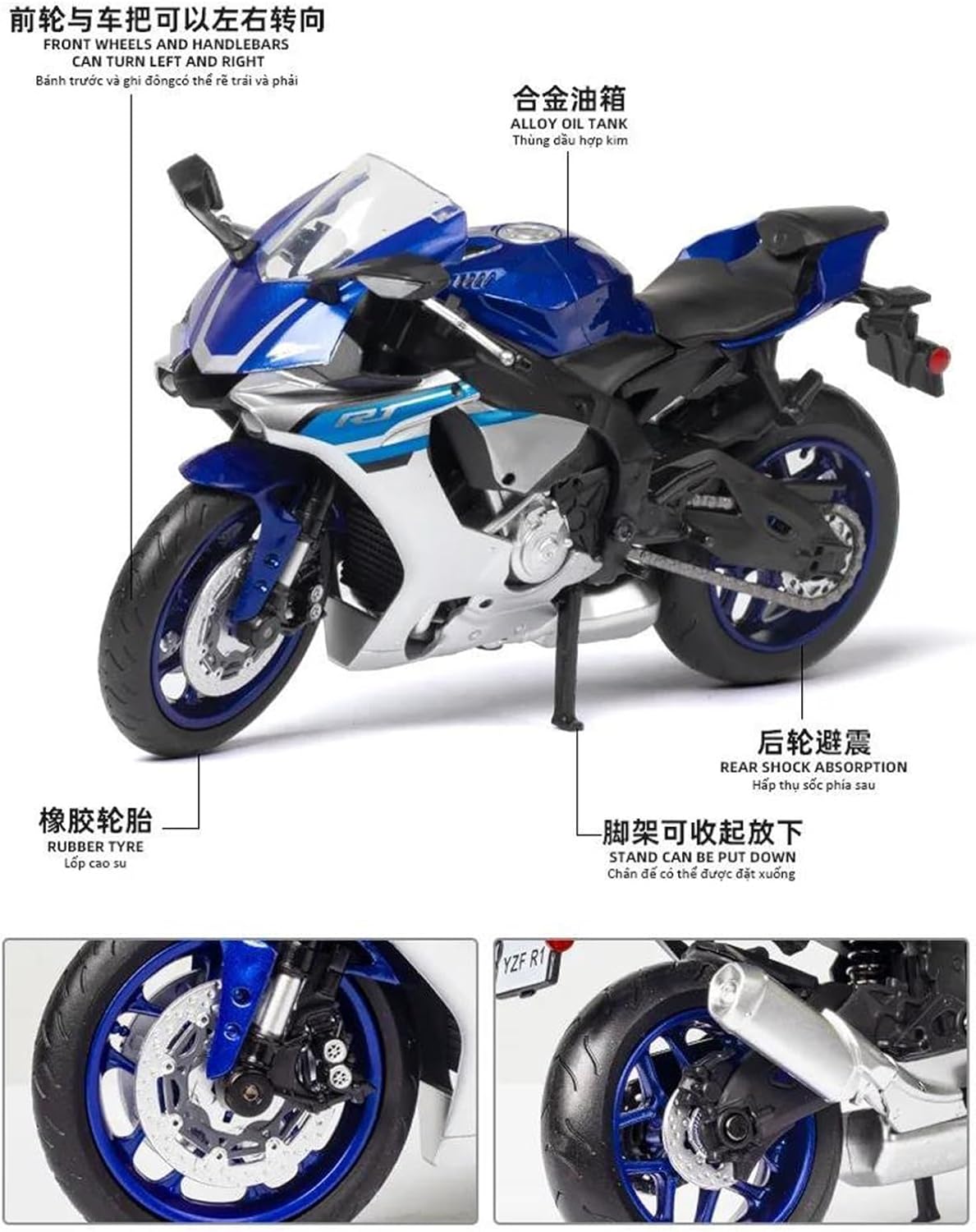 Collection 1/12 Motorcycle Model Diecasts Portable Racing Finger Motobike Simulation Collection Toys for Y-AMAHA YZF-R1(Blue)