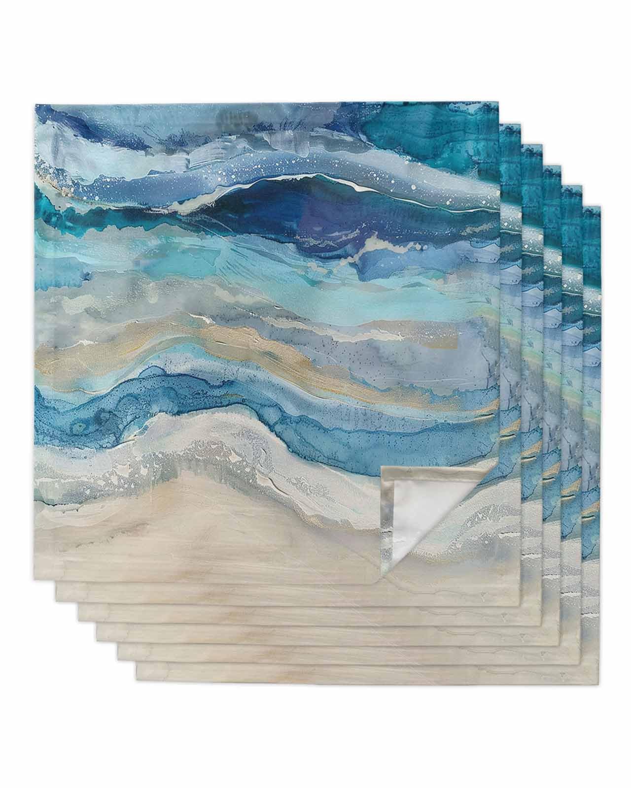 Boanket Blue Coastal Cloth Napkins Set of 6, Holiday Napkins for Baby Shower, Spring Summer Ocean Beach Nautical Sea Wave Washable Reusable Dinner