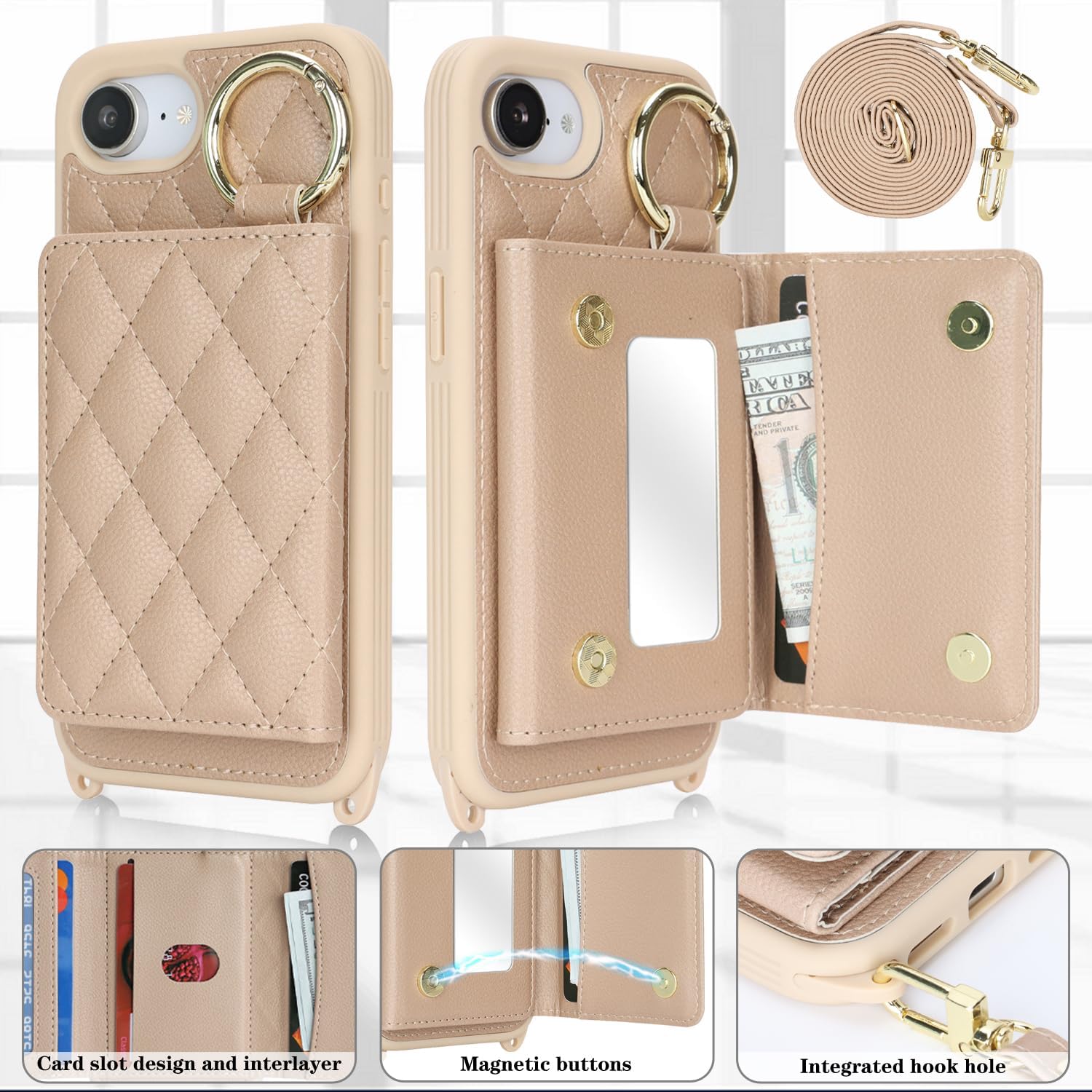 for iPhone 17e / 16e Case with Card Holder and Strap for Women,Crossbody Lanyard, Make Up Mirror,Ring Stand,Snap Clasp,Cute Phone Wallet Cases 6.1 inch - Off-White