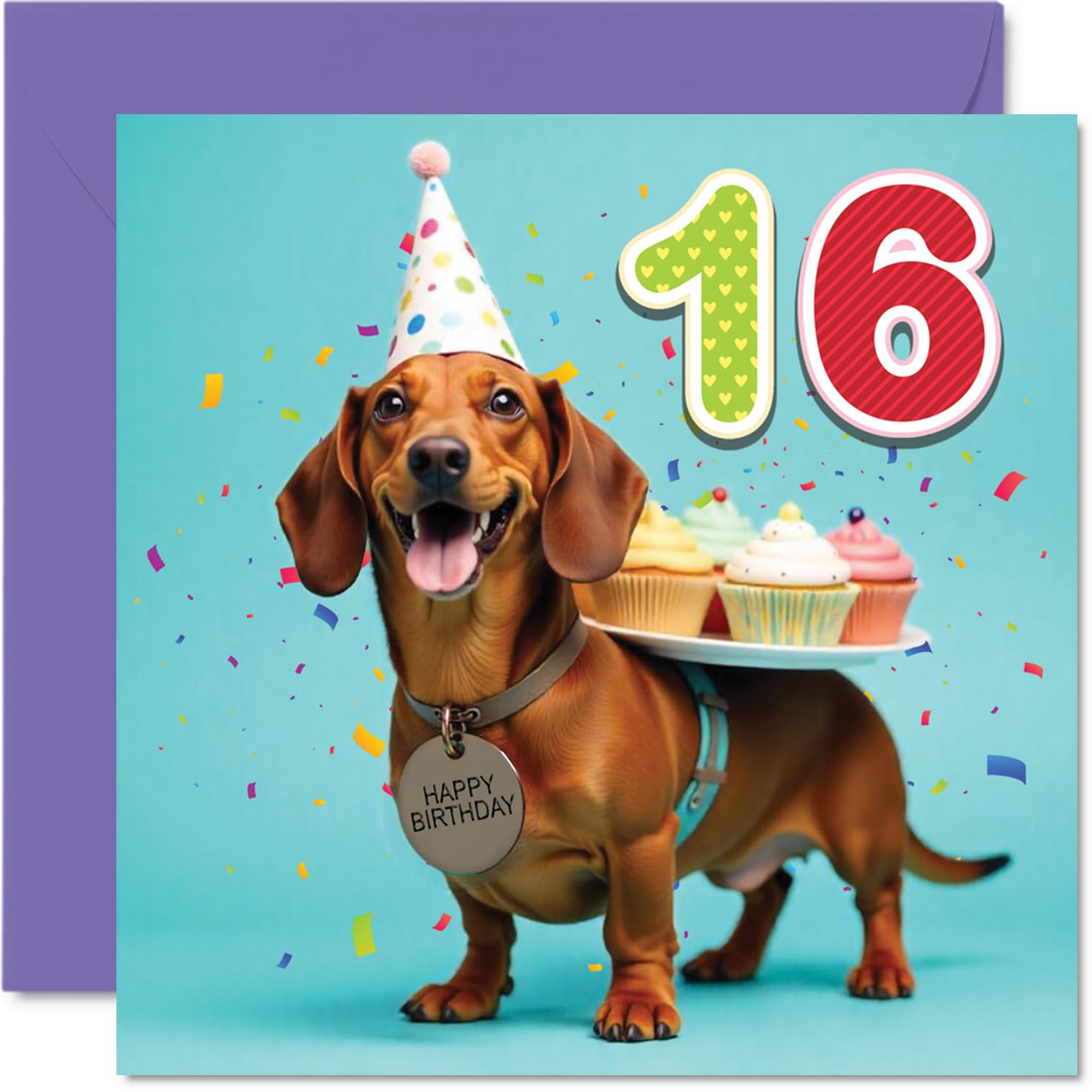 16th Birthday Cards for Girls Boys - Party Dog - Happy Birthday Card for 16 Year Old Girl Boy Granddaughter Grandson Son Cousin, 145mm Bday Greeting Cards