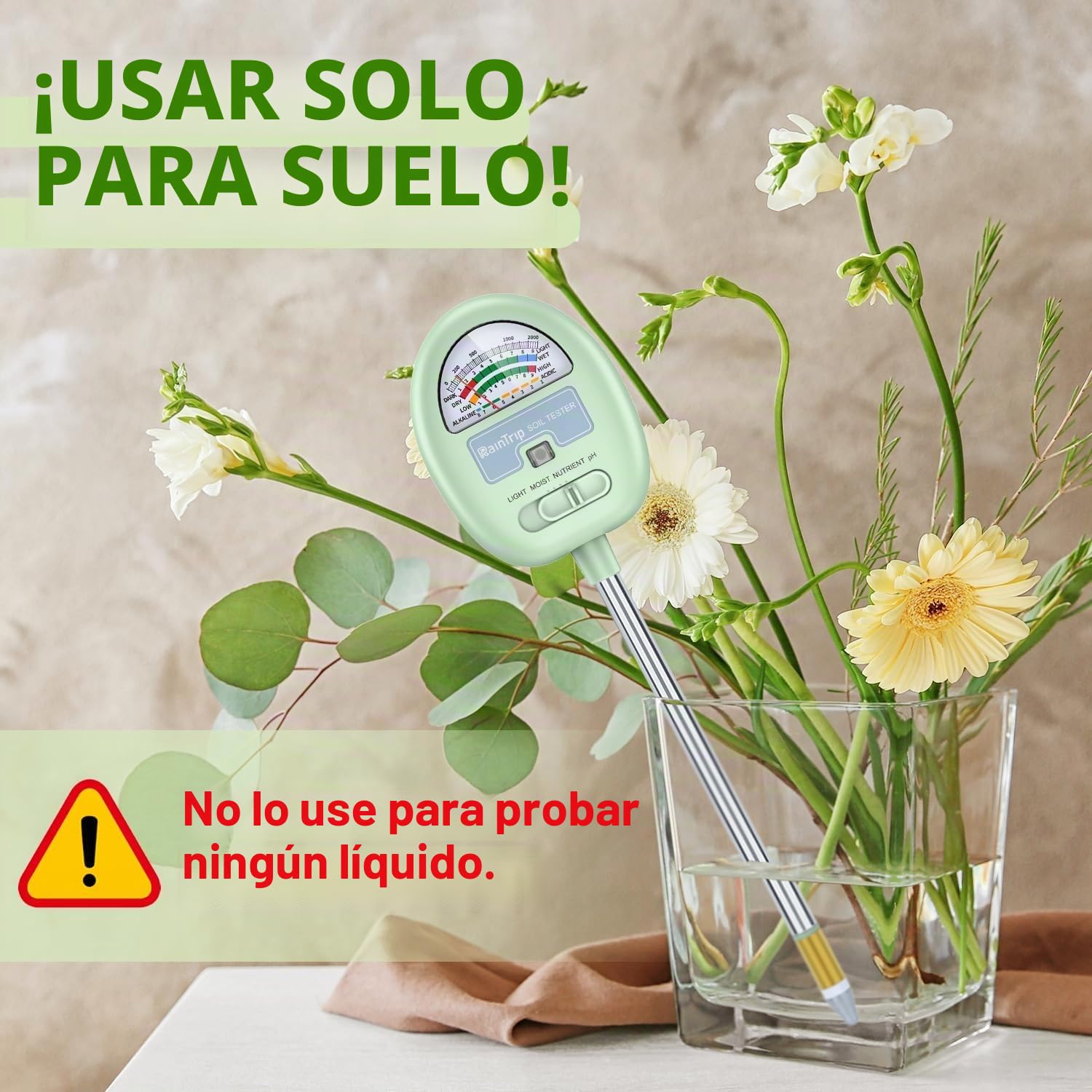 Medidor de humedad del suelo, medidor de pH del suelo 4 en 1, probador de suelo para humedad, luz, nutrientes, pH, granja, uso en interiores y exteriores (no requiere batería)