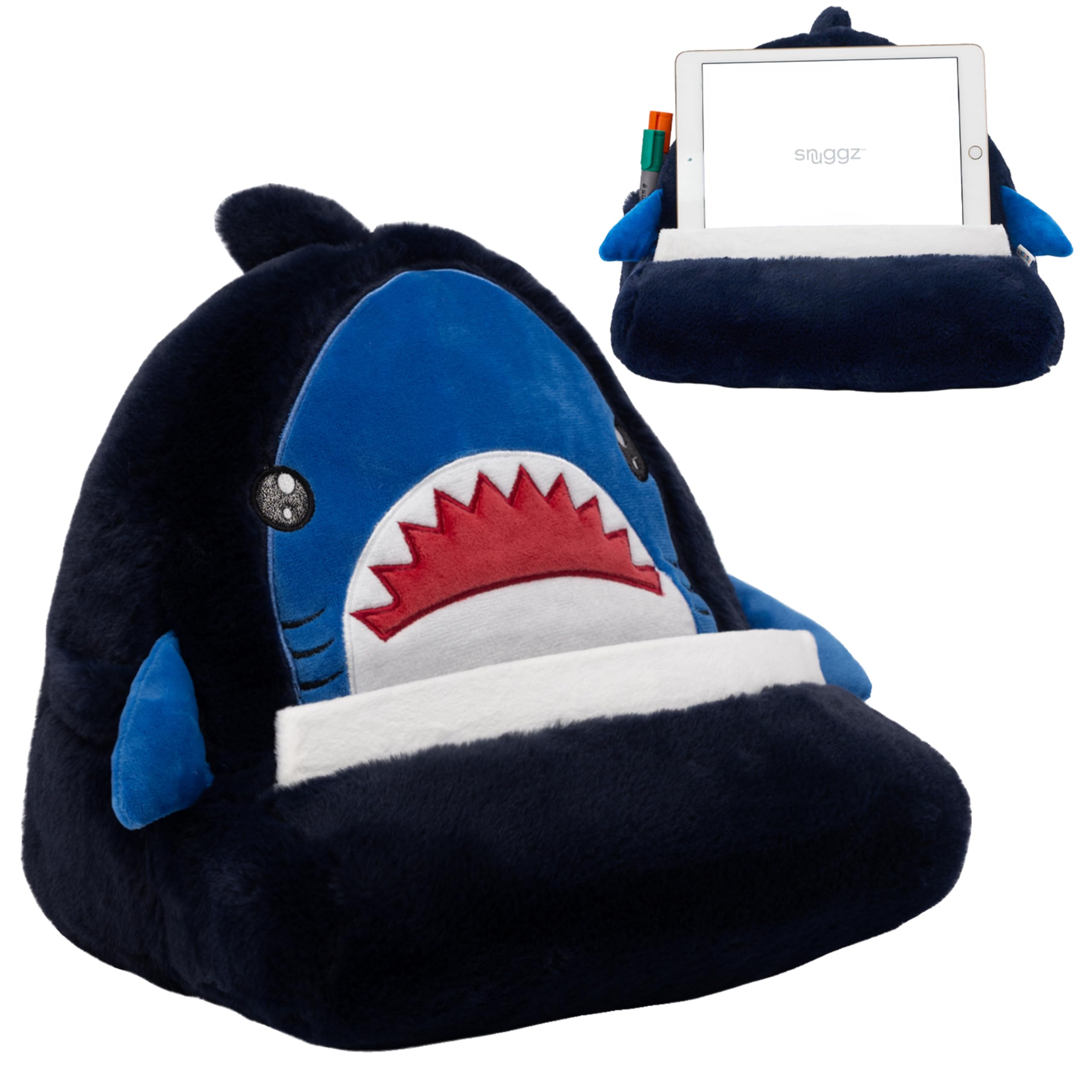 Snuggz Shark Tablet Holder, Plush Kindle Stand with Soft Lap Cushion for Bed, Sofa and Travel - Cute Kids Tablet Stand with Side Pockets for Comfortable Hands-Free Viewing