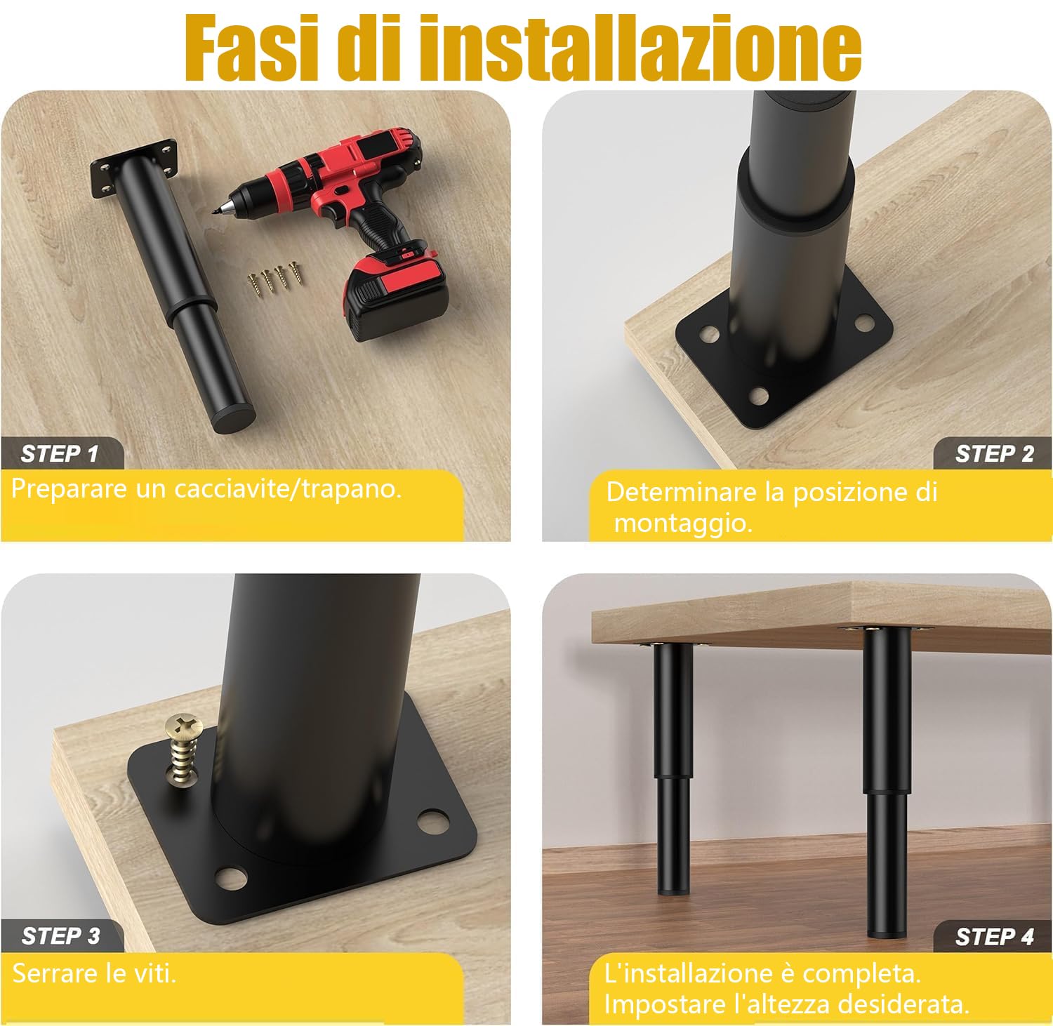 Piedini Regolabili Per Mobili - 4 Pezzi, Altezza 12-21 Cm, Metallico Nero, Portata Fino A 1000kg - Foto 7