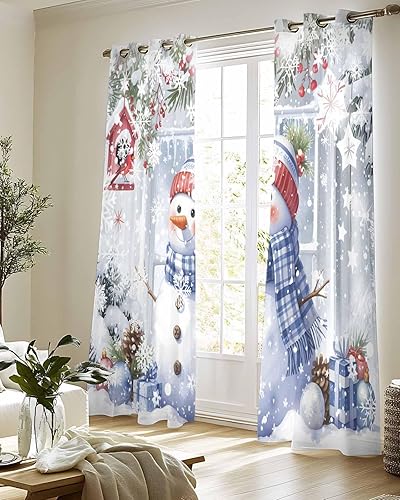 Miniatura 8 de Cortinas traslúcidas de invierno con diseño de muñeco de nieve de 63 pulgadas de largo, juego de 2 paneles de cortinas para cocina, dormitorio, sala