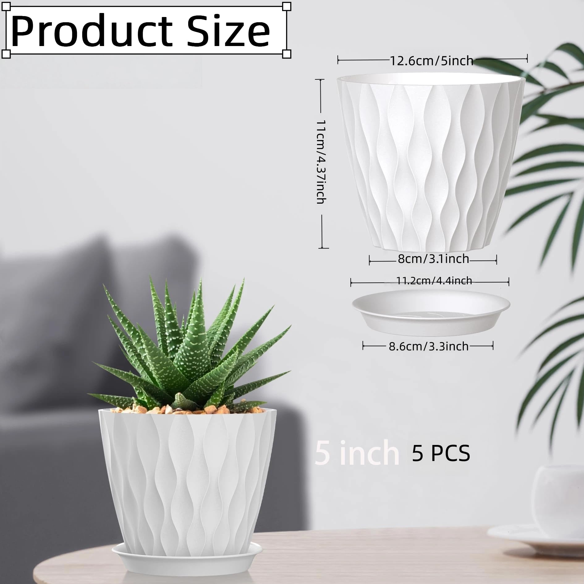 5 Piezas Macetero con Plato, 12.6CM Maceta Redonda de Plástico con 5 Etiquetas, Macetas con Platillo de Agujeros de Drenaje Maceteros Decorativos Interior para Balcón, Interior, Jardín (Multicolor) — view 2