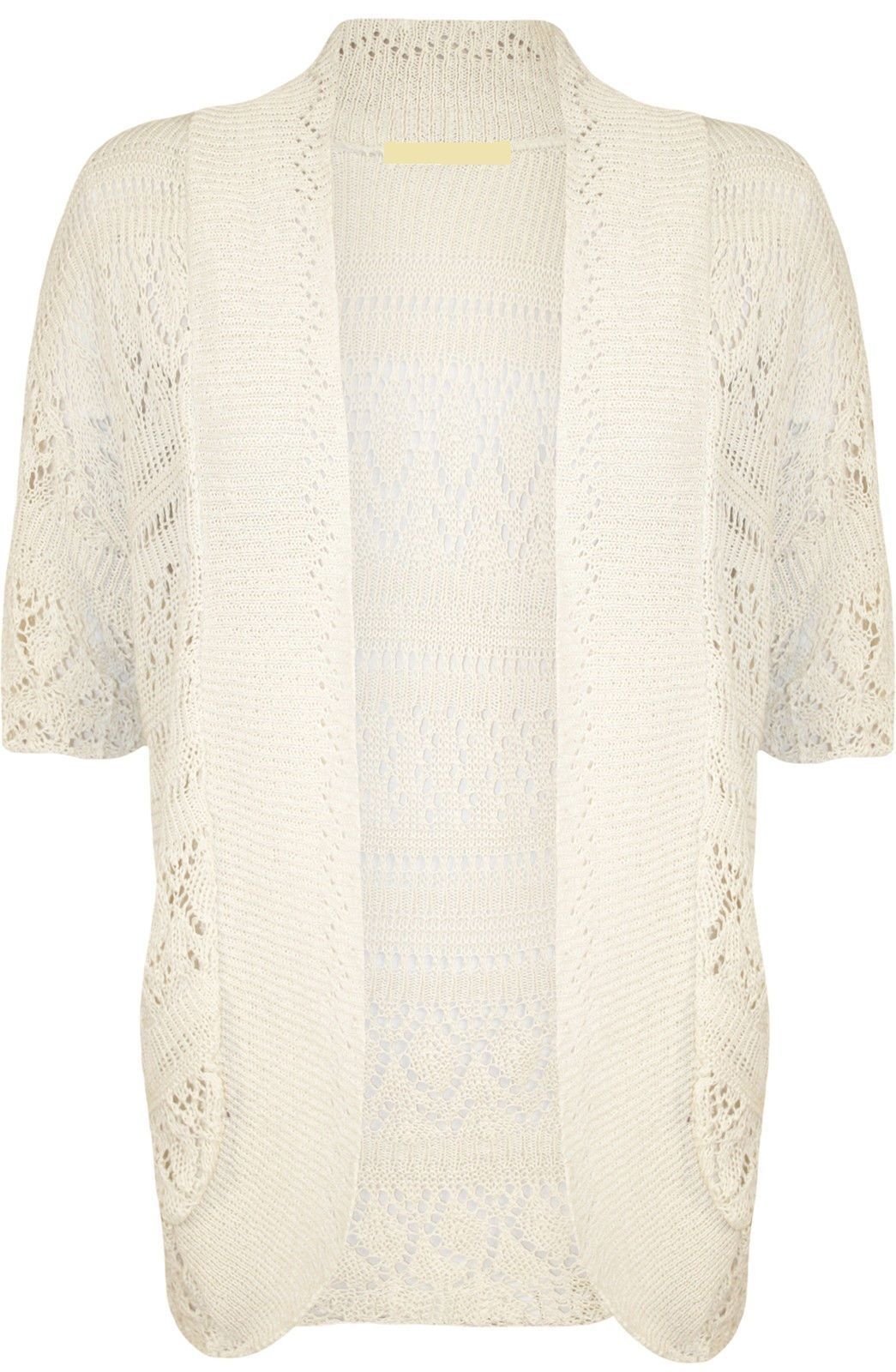 Ladies Knitted Crochet Cardigan Shrug Bolero - Open-Knit Short Sleeve Top In UK Sizes S, M, L (Machine Washable)