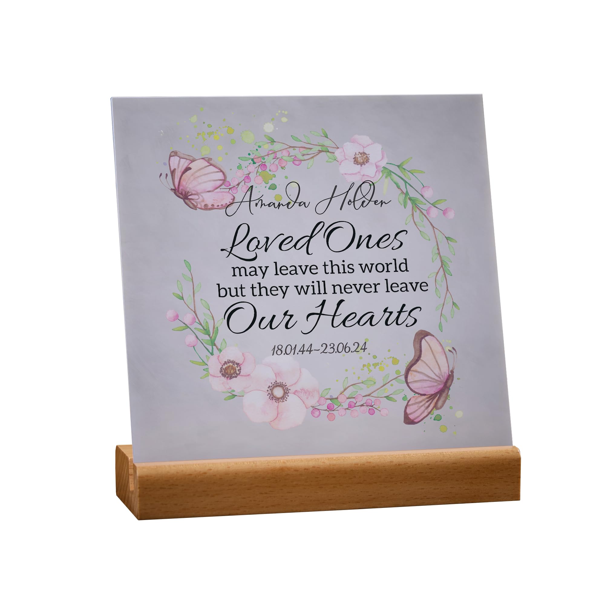 ukgiftstoreonline Personalised Sympathy Memorial Plaque, 15cm x 15cm, with Wooden Base (Butterflies)
