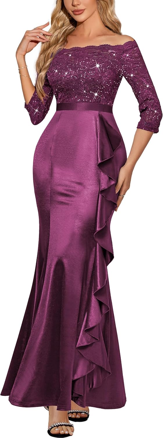 MISSMAY Women's Sexy Off Shoulder Floral Lace Formal Wedding Party Maxi Dress