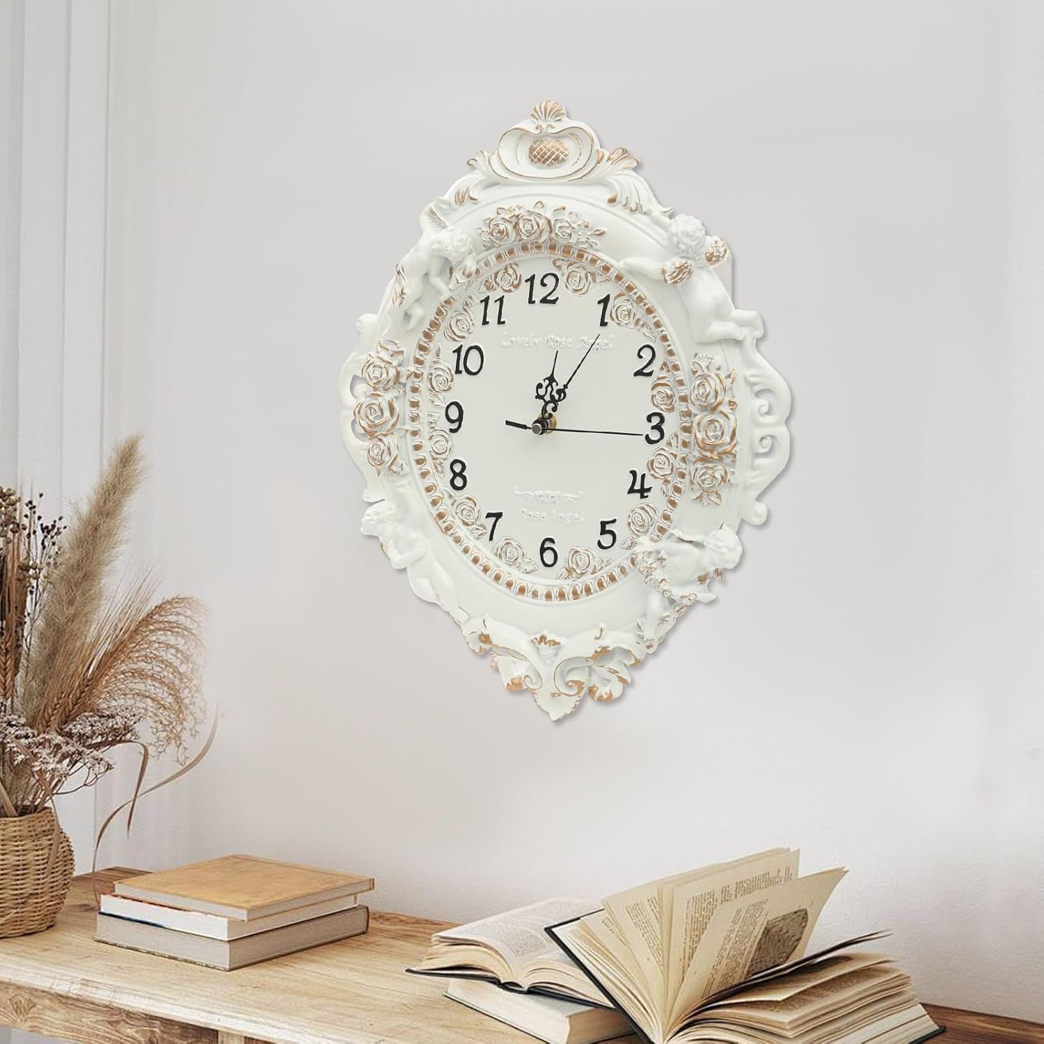 European Style Resin Wall Clock, Retro Silent Clock with Angel and Rose Relief, Decorative Mural Clock for Living Room, Bedroom, Office, Farmhouse, Kitchen & Home Decor (Off-white, 12.8*2.8*16.3in)