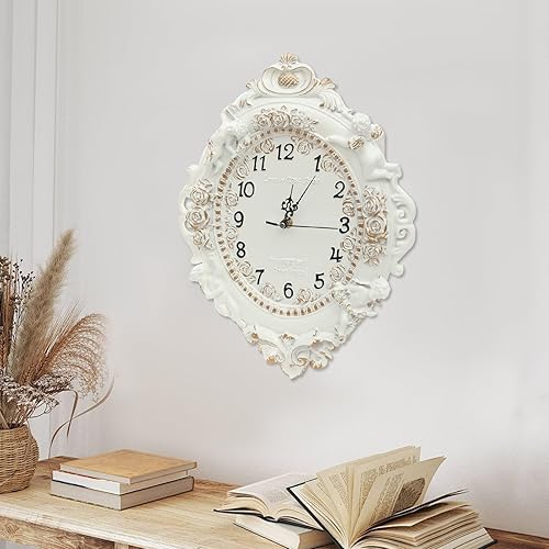 Miniatura 7 de European Style Resin Wall Clock, Retro Silent Clock with Angel and Rose Relief, Decorative Mural Clock for Living Room, Bedroom, Office, Farmhouse,