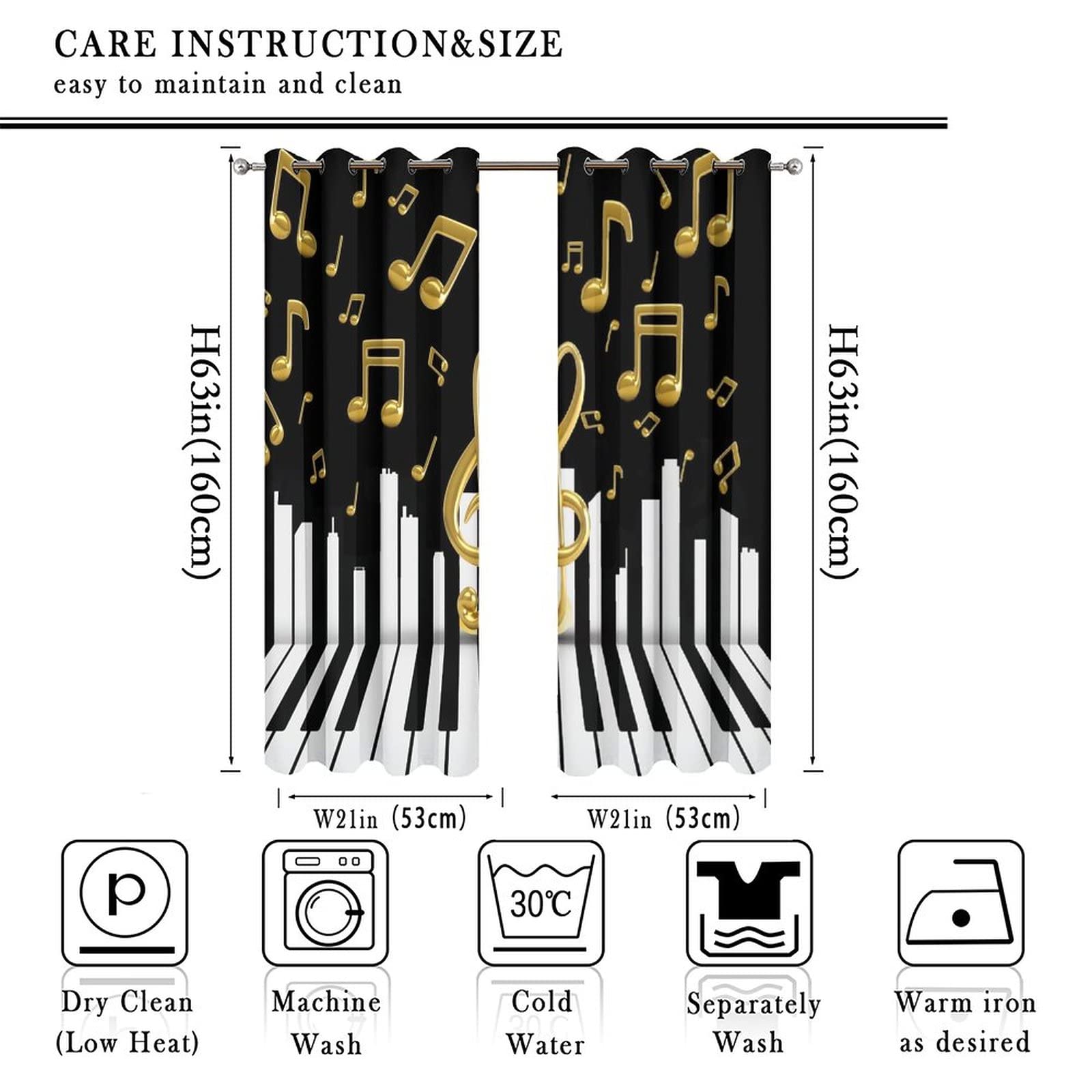 Kazynee Abstract Music Ultra Soft Premier Blackout Curtains,Black White Piano Keyboard Gold Symbols Music ThemeThermal Insulated Bedroom Noise Reducing Patio Door Grommet Top,2 Panels 63L x 21W