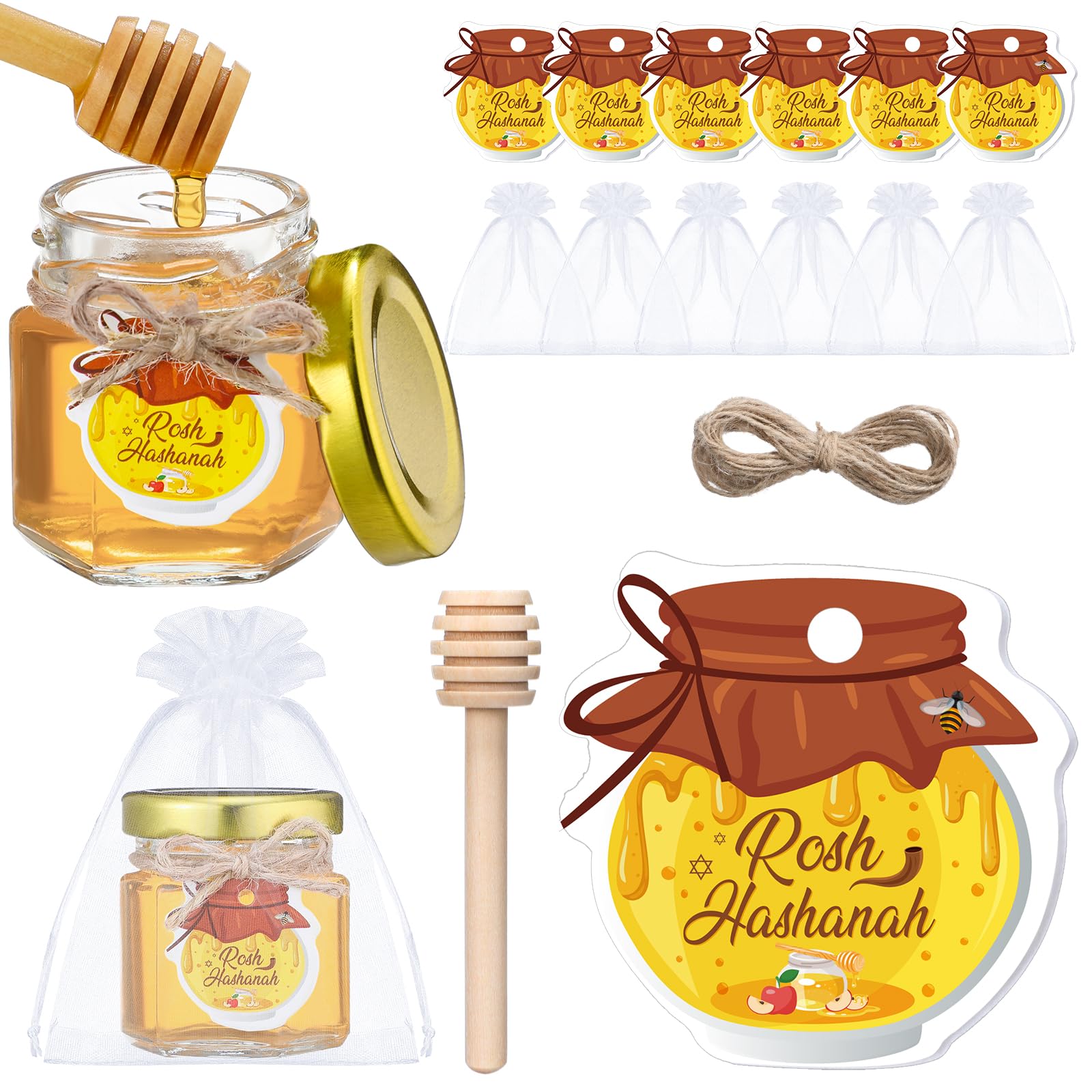 Pots à miel Rosh Hashana Funnymoom en verre de 42,5 g avec couvercles et étiquettes pour fête | Lot de 6