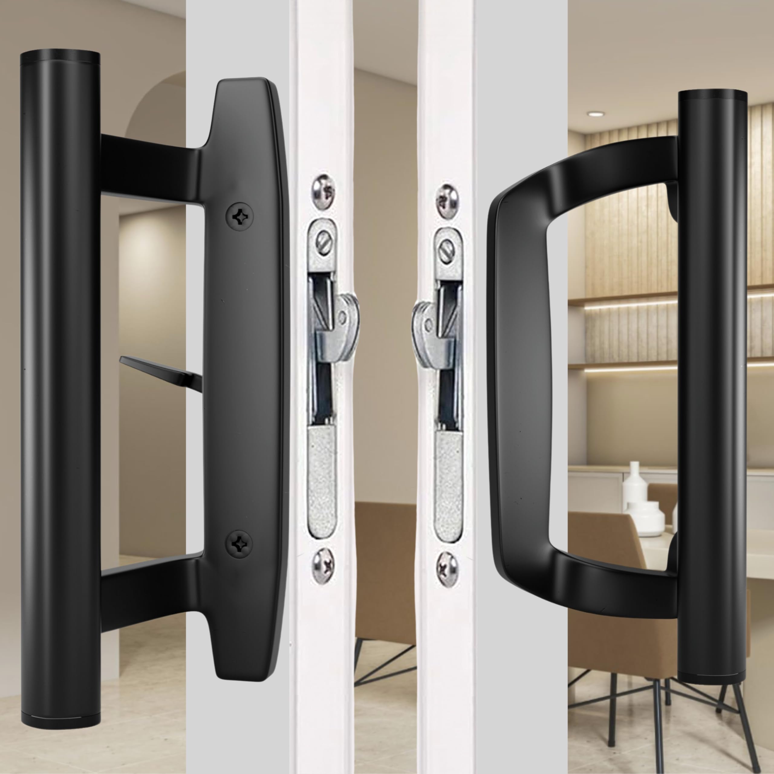 Sliding Glass Door Handle Set – Aluminum Handle, Mortise/Hook Style, Fits 3-15/16 in. Hole Spacing (Black)