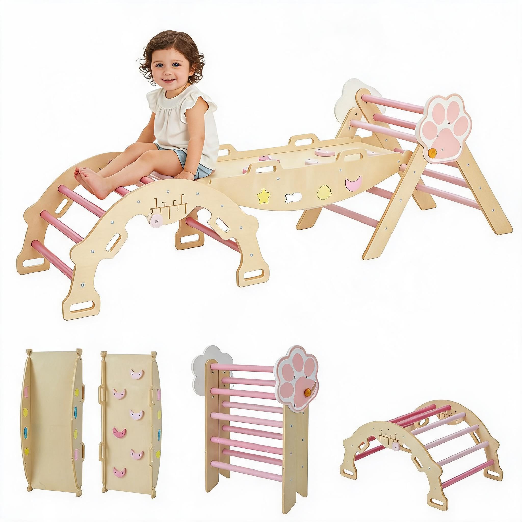 Djioyer Pink 7-In-1 Wooden Indoor Climbing Frame For Toddlers Collapsible Playground Activity Center With Triangle Arch Ladder & Ramp Safe Early Childhood Educational Playhouse For Early Motor Skill Development