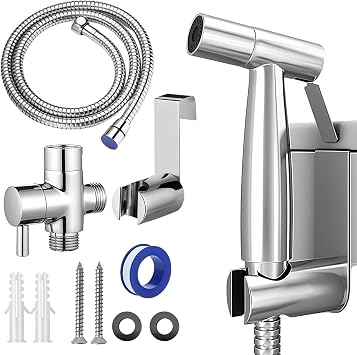 Handheld Bidet Sprayer Kit, Stainless Steel Toilet Bidet Shower with T-Valve Adapter & Hose, Easy Install Shattaf for Personal Feminine Hygiene, Baby Diaper, Pet Bath and Toilet Cleaning Silver
