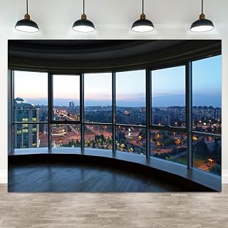 8x6ft Office Backdrop Window City View Photography Background Sunset Business Buildings Wooden Floor Online Meeting Urban Banner Decorations Video Conference Portrait Photo Booth Prop