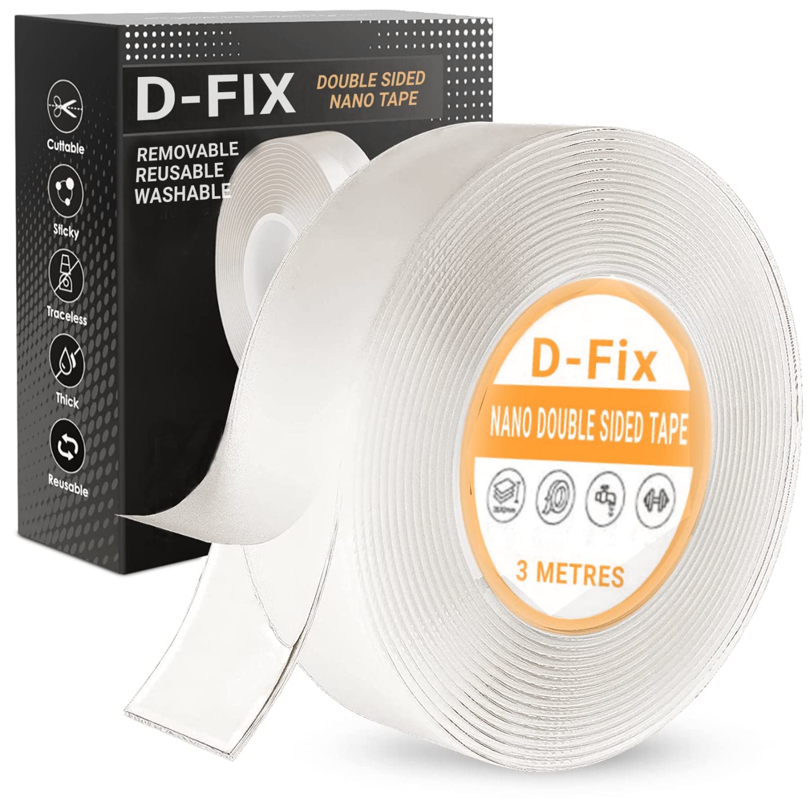 D-fix Double Sided Nano Adhesive Tape, Washable Traceless Nano Gel Tape, Stick To Glass, Metal, Kitchen Cellphone,Pads Or Tile Nano Tape Grip Tape Transparent. (1MM-NANO)