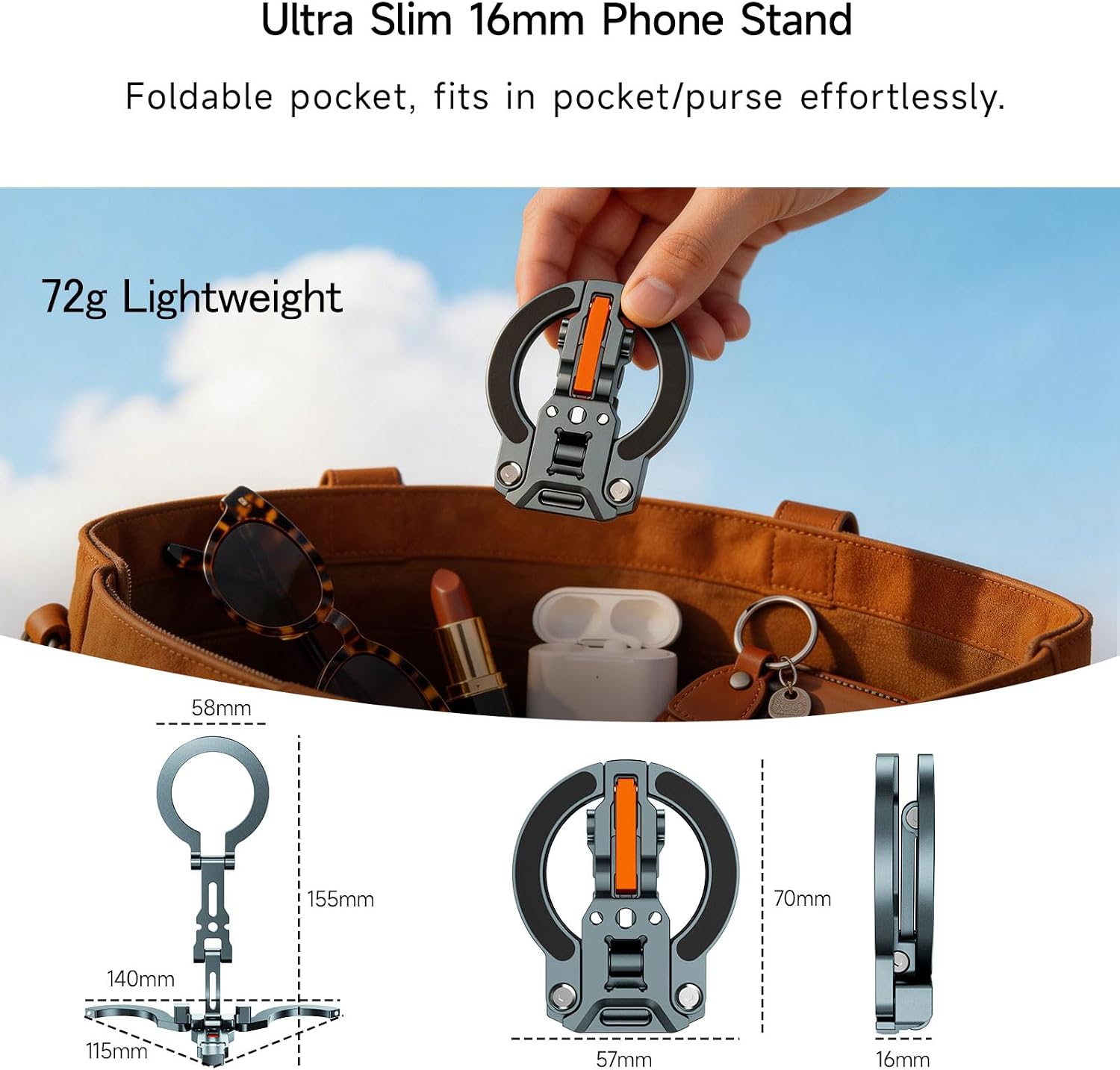 COBONE XJ-30 MagSafe Compatible Magnetic Phone Tripod, Aluminum 0.63" Slim 2.54oz Lightweight Foldable Stand with 1/4" Screw & Hook, Dual-Sided Magnet, for iPhone 17-12 & Android (Titanium)