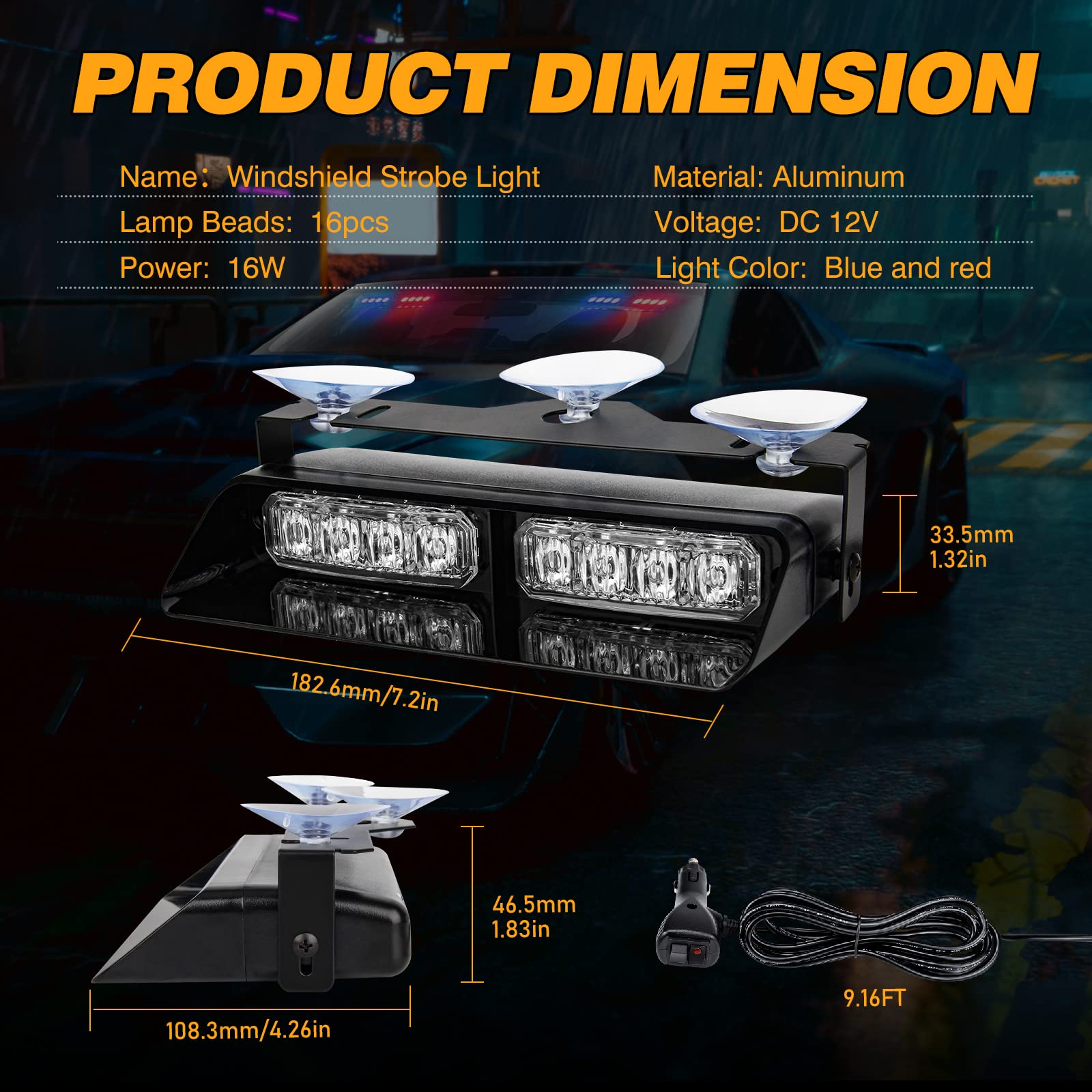2 luci stroboscopiche di emergenza per parabrezza, 18 LED, 18 lampeggianti, con ventose, 12 V, per auto, camion, veicoli (rosso e blu)