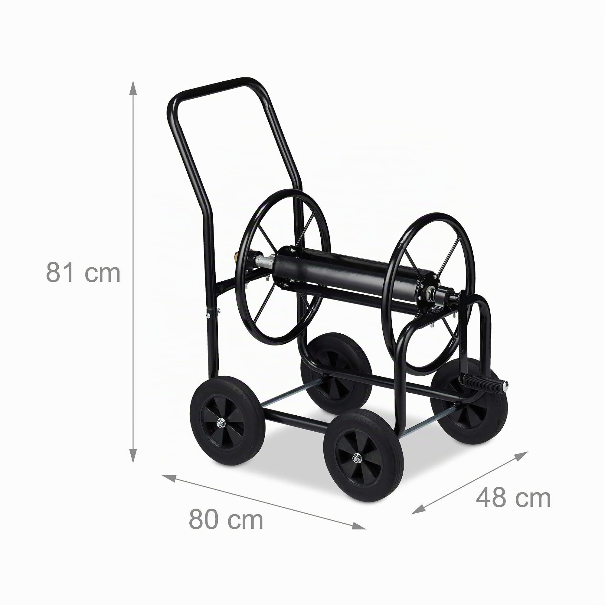 Relaxdays Carro para Manguera, Enrollador XL, Cuatro Ruedas de Goma, Manivela, para 60m, 81x48x80 cm, 1 Ud., Negro