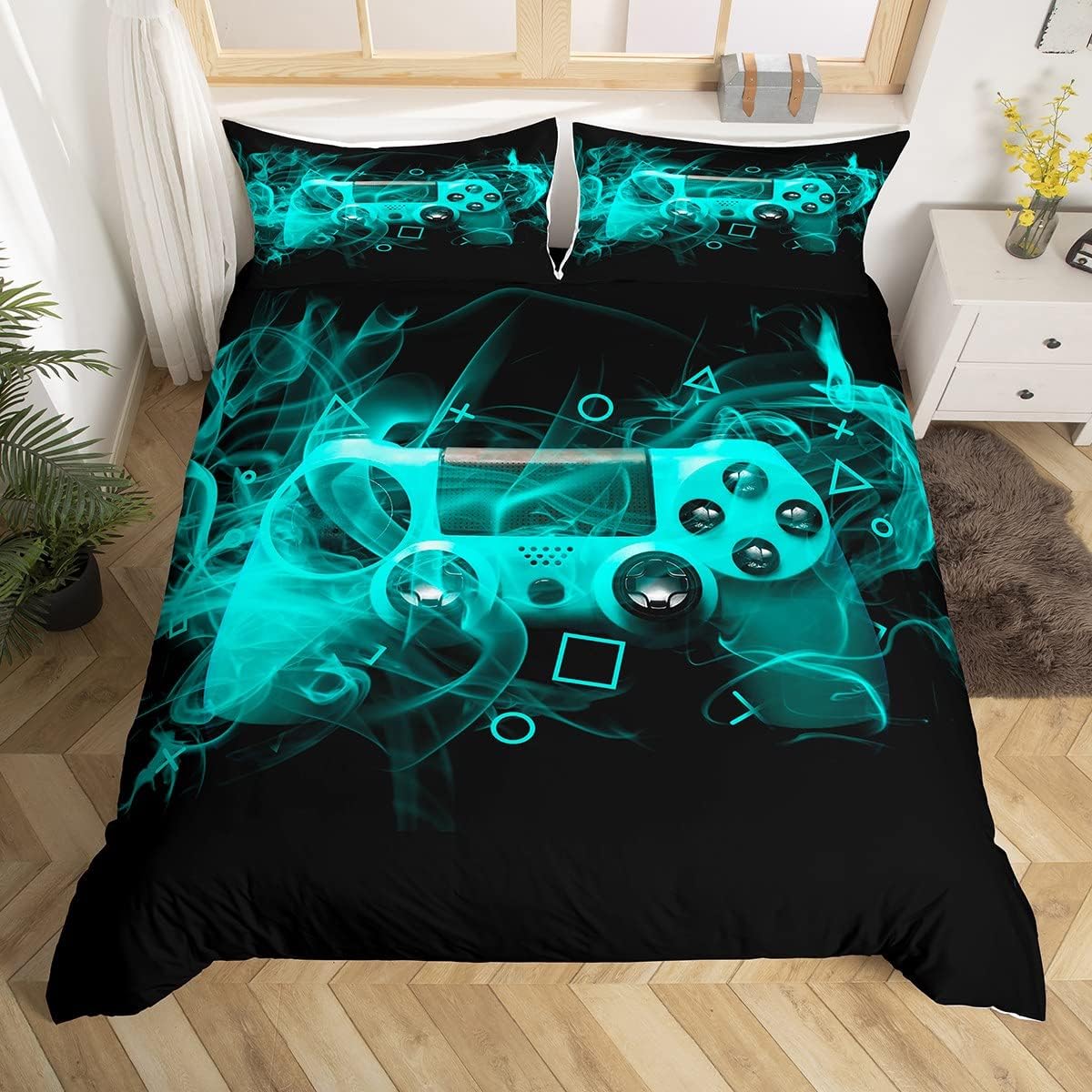 Tbrand Duvet Cover Set Gamepad Boys  Gamer Bedding Set White Video Gamepad for Teenagers Children's Bedroom Decor Colorful Modern Game Controller Motif