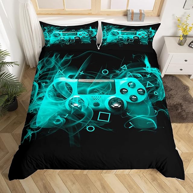 Kids Gamer Duvet Cover Set Double Size Teens Gamepad Bedroom Decor For Boys Girls Video Game Controller Bedding Set Youth Gaming Console Comforter Cover Blue Black Geometry With 2 Pillow Case Zipper