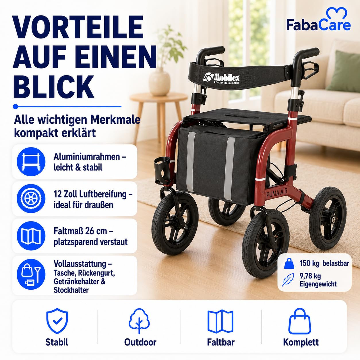 FabaCare Outdoor-Rollator Puma Air rot mit Luftbereifung | Leichtgewichtrollator faltbar bis 150 kg mit Tasche, Rückengurt, Stockhalter, Getränkehalter & Feststellbremse