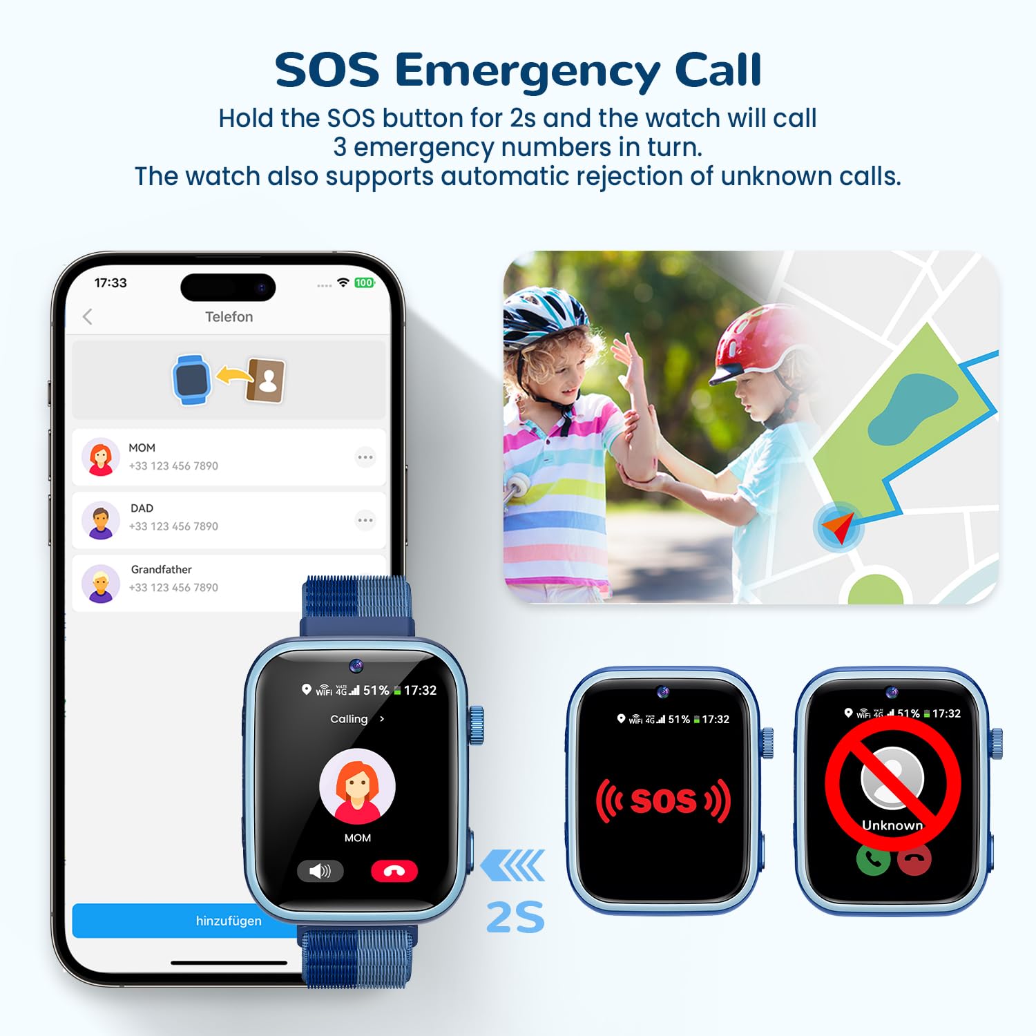 Fitnynxos 4G Smartwatch Bambini con Chiamate e GPS, Orologio Smartwatch Bambini con Videochiamate, SOS, Chat Vocale, SMS, Modalità Scuola, Whatsapp, WiFi, SIM, IP68 Contapassi, Regalo Bambino, Blu