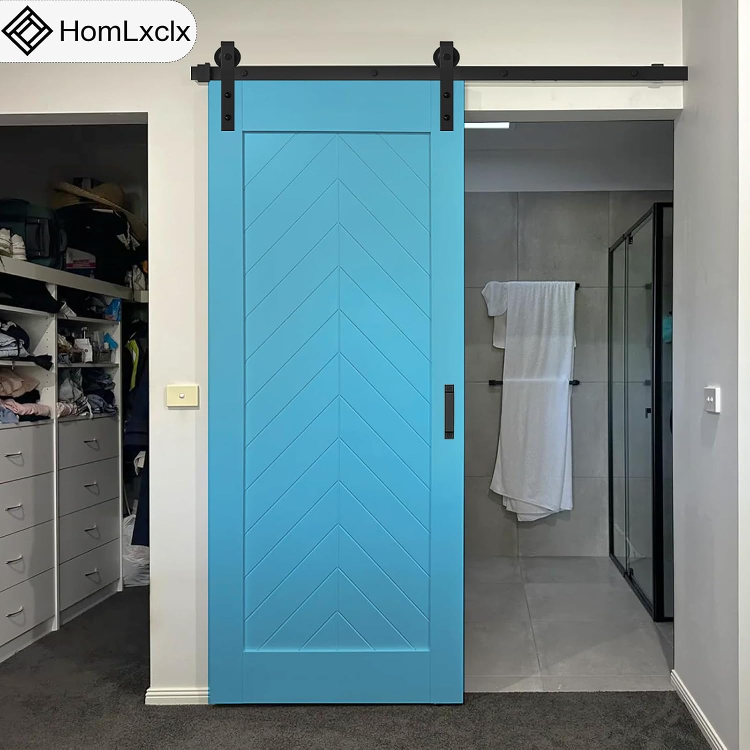Sliding Barn Door Hardware Kit 5 FT Heavy Duty Slide Barn Door Track Rail with 2 Handles and Adjustable Floor Guide Also Hook, Smooth Quiet Fit 1 3/8-1 3/4" Thickness Panel(J Shape Hangers)