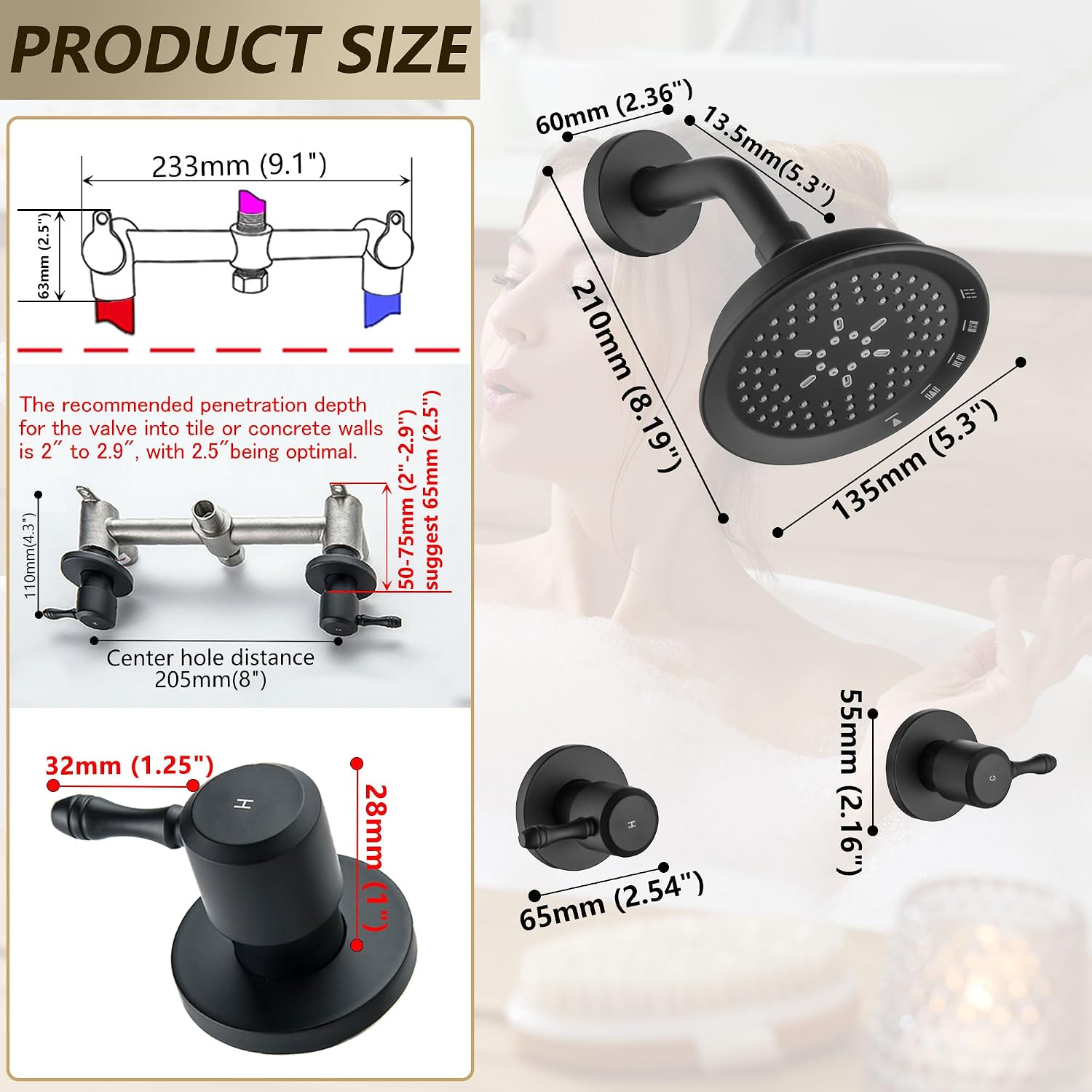2 Handle Shower Faucet Set, Wall Mounted Two Knob Shower Faucet Set with 5 Mode Rainfall Shower Head Bathroom Shower Faucet Trim Kit, Matte Black